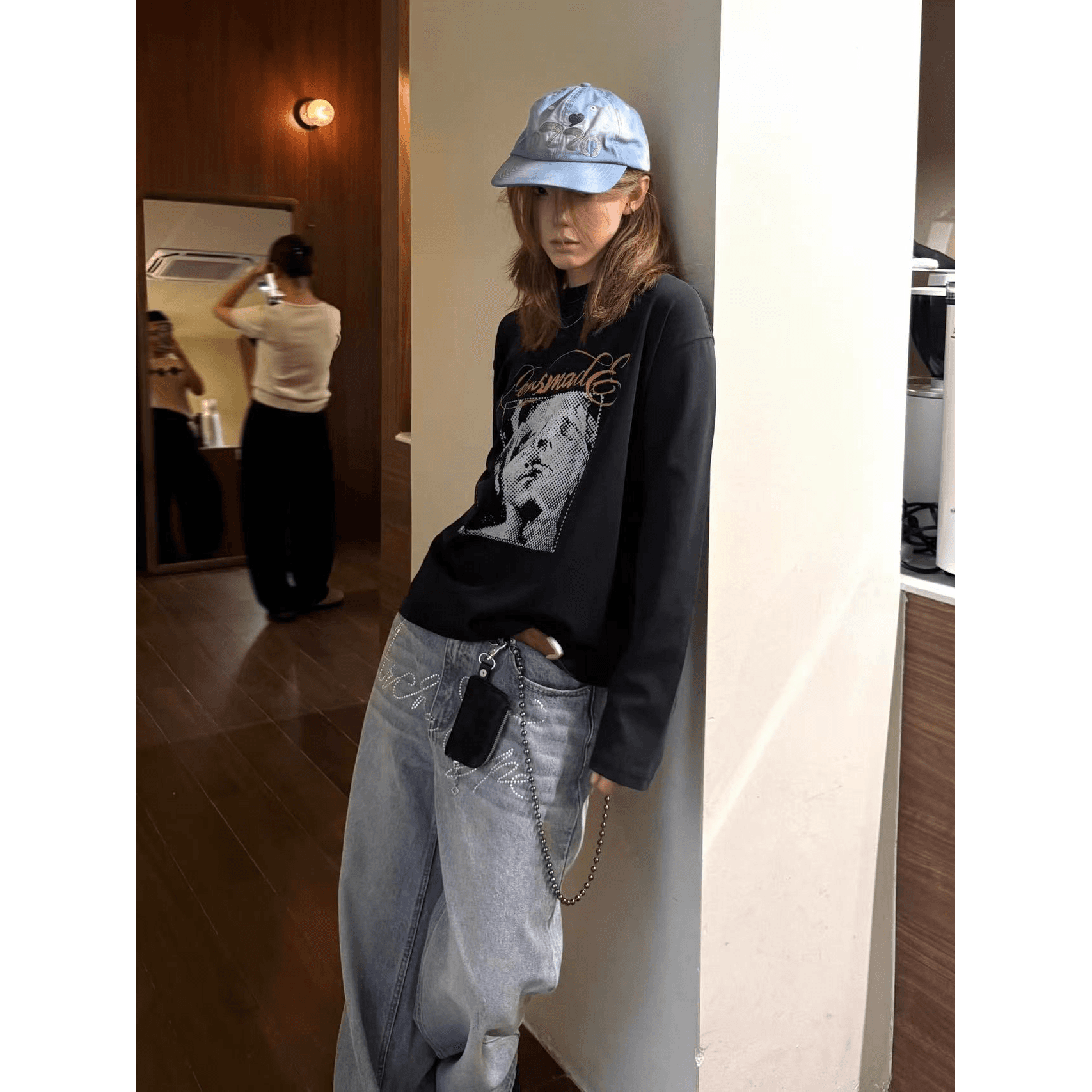 높은 품질 순면 200그램 21 빗질하다 정밀 프린트 가을 루즈핏 긴팔 티셔츠 여성 이미지 5