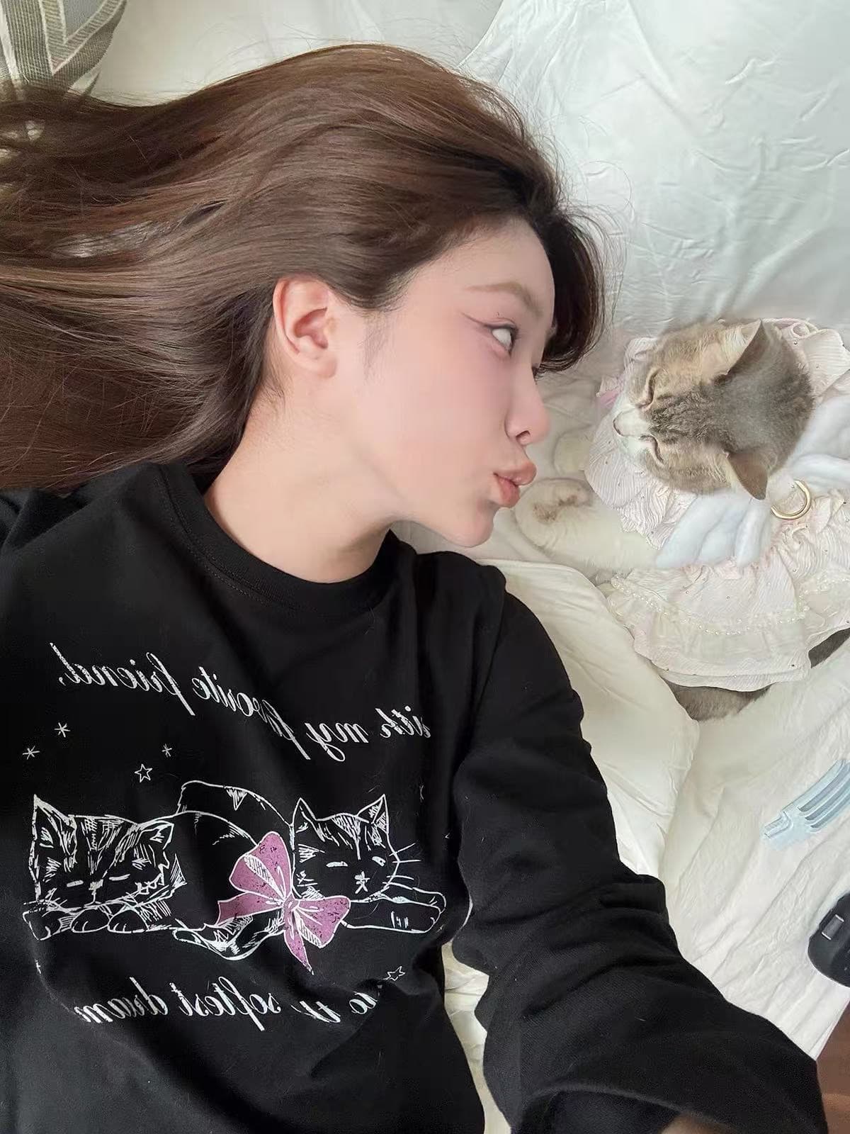 높은 품질 순면 200그램 21 빗질하다 정밀 프린트 가을 루즈핏 긴팔 티셔츠 여성
