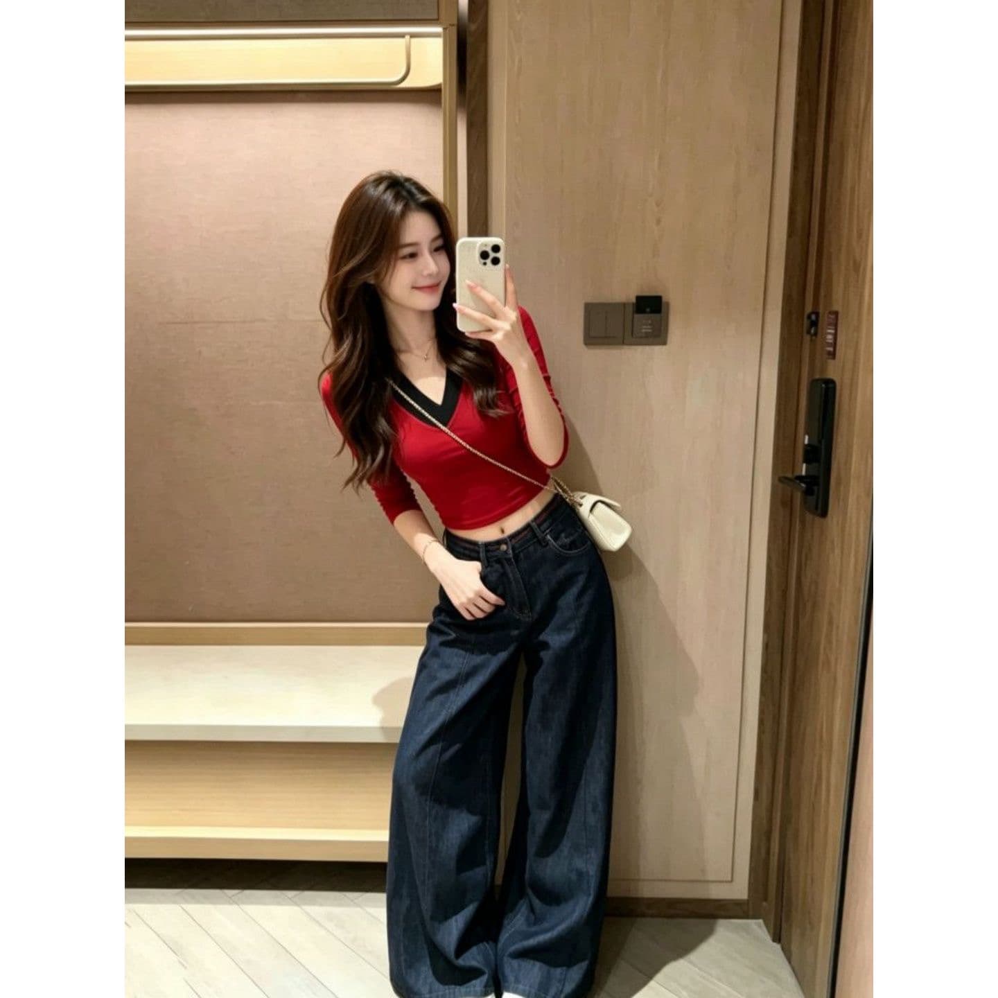 와 사고 방식 모달 260 그램 1 1 가을 새로운 V넥 배색 페이크 레이어드 긴팔 티셔츠 이미지 2
