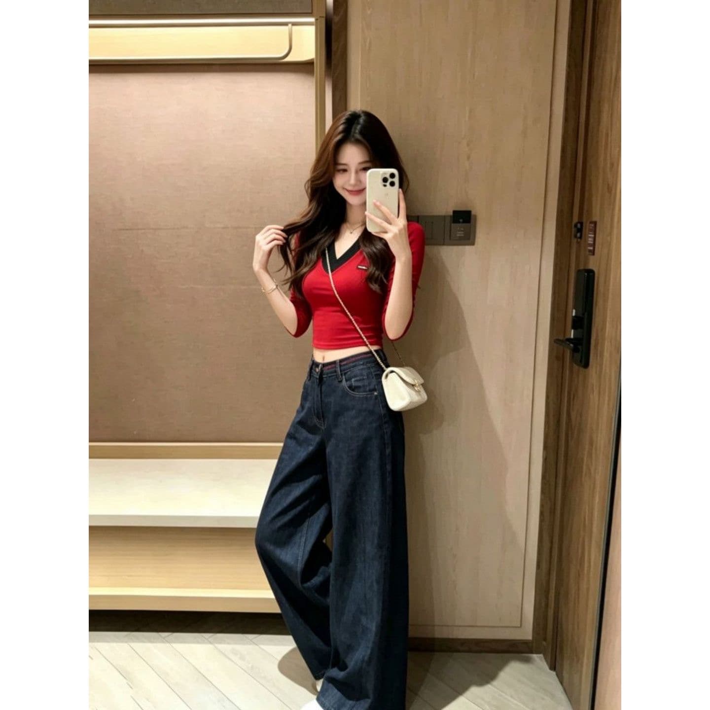 와 사고 방식 모달 260 그램 1 1 가을 새로운 V넥 배색 페이크 레이어드 긴팔 티셔츠 이미지 5