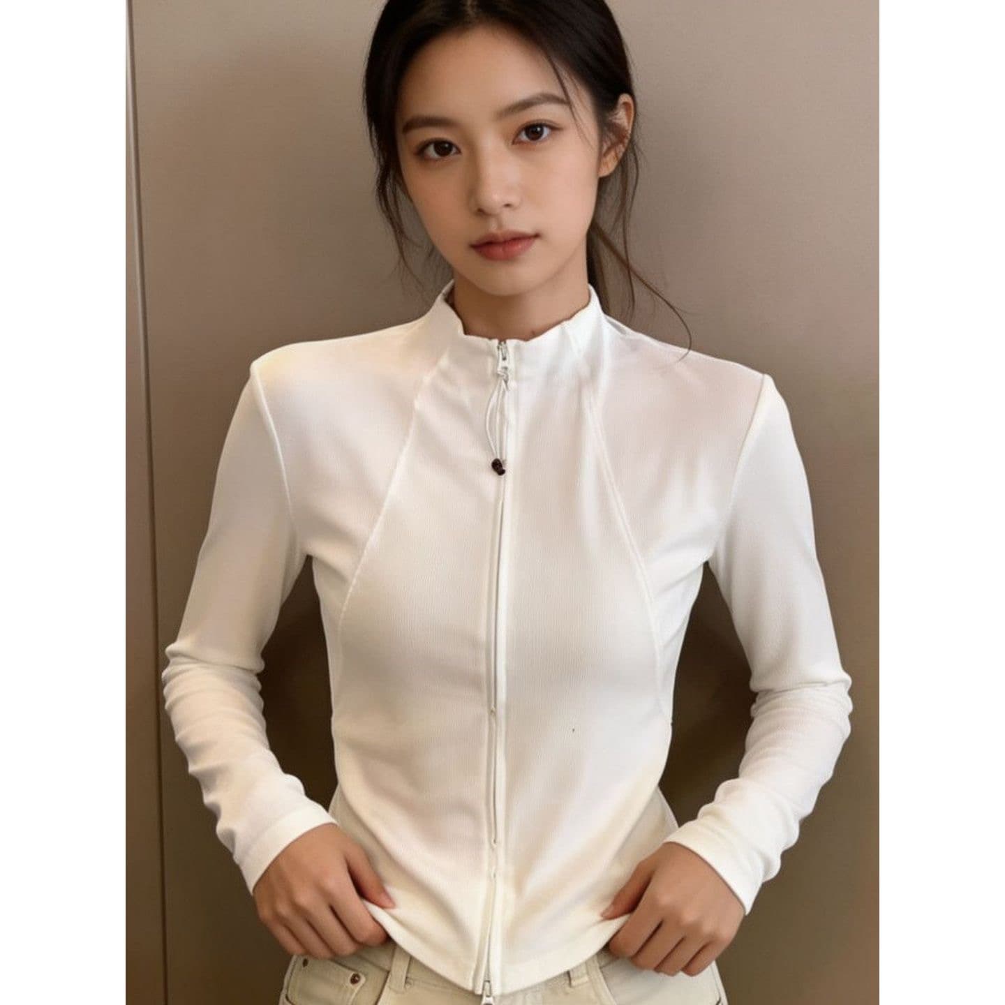 40 순면 리브 210 그램 1 1 가을 새로운 더블 지퍼 스탠드 칼라 긴팔 티셔츠 여성 셔츠 상세 이미지 2