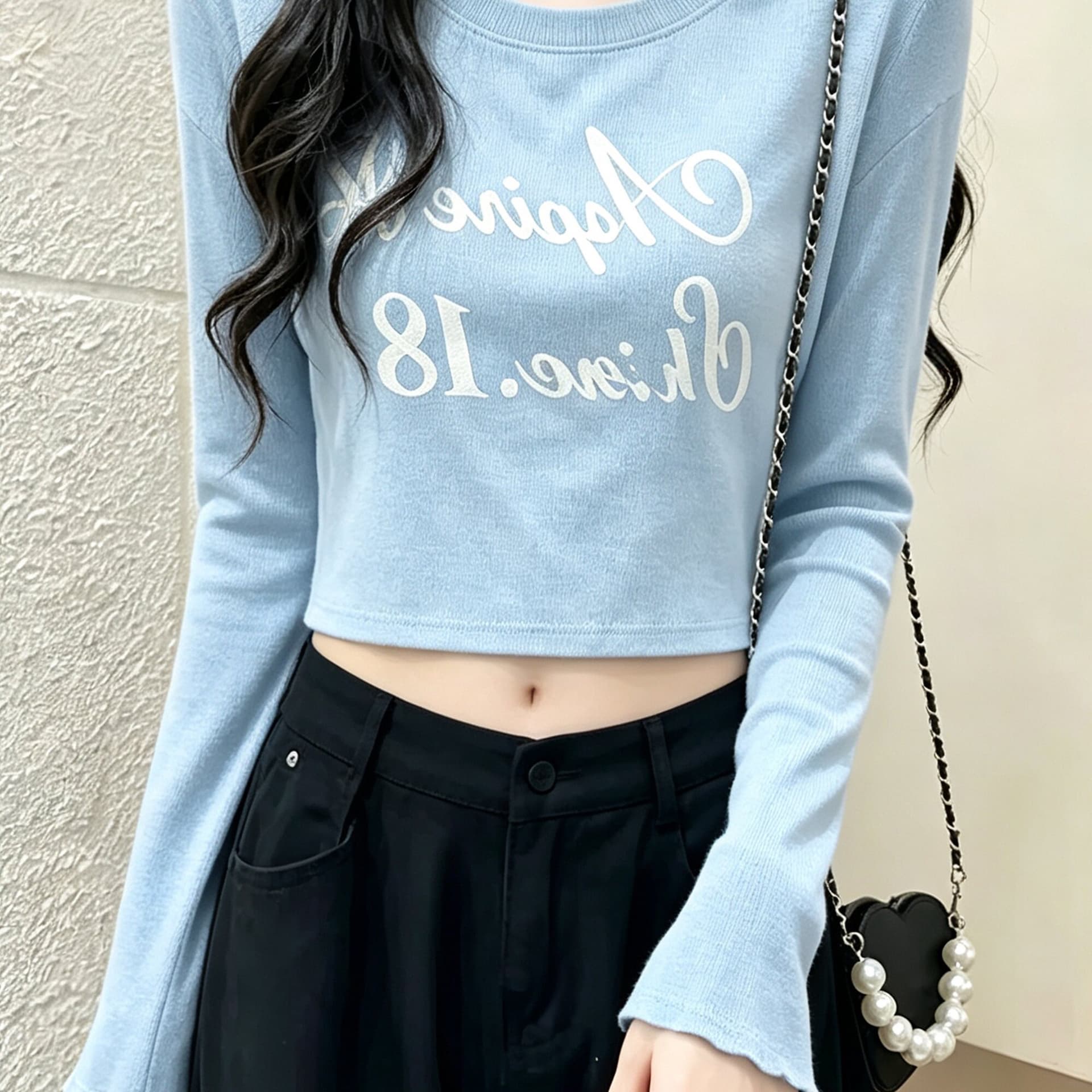 대나무 마디 면 파란색 긴팔 티셔츠 여성 의류 2026 가을 새로운 작은 대중 디자인 센스 Chic 티셔츠 맨위