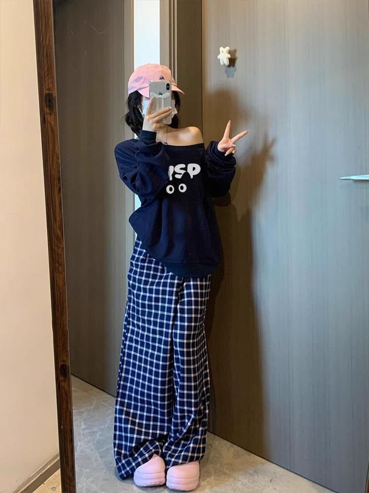아메리칸 레트로 핫걸 비스듬한 어깨 프린트 루즈핏 후드티 상세 이미지 4