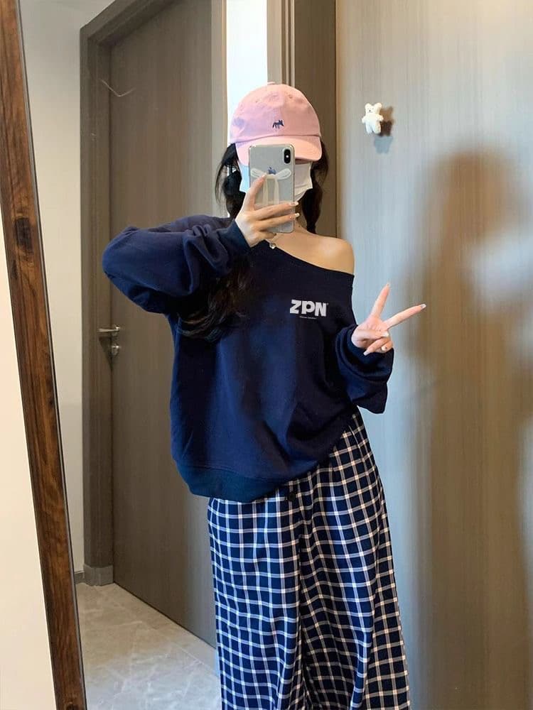 아메리칸 레트로 핫걸 비스듬한 어깨 프린트 루즈핏 후드티 상세 이미지 2