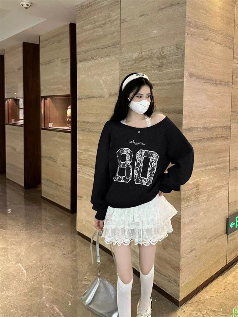아메리칸 레트로 핫걸 비스듬한 어깨 프린트 루즈핏 후드티 이미지 2