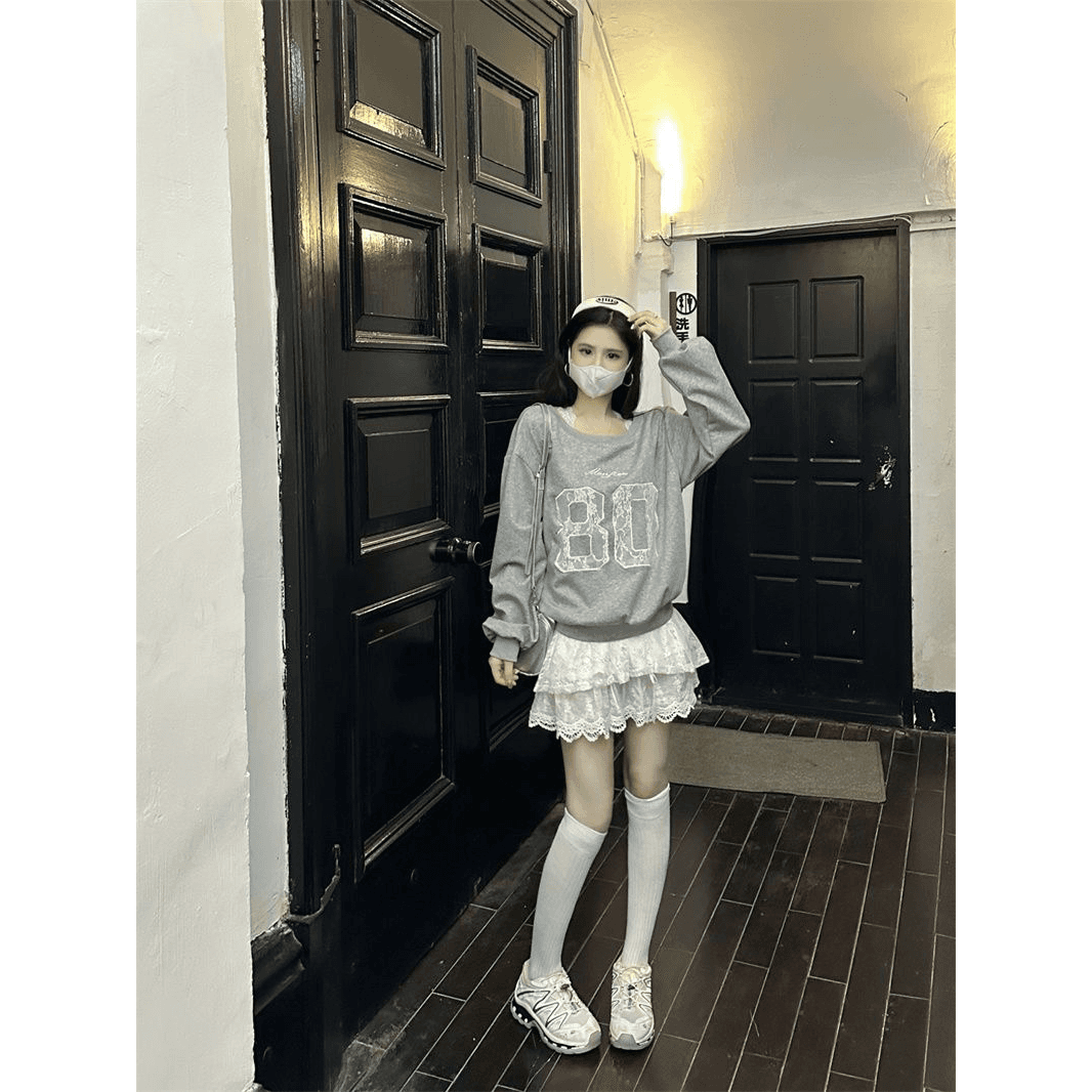 아메리칸 레트로 핫걸 비스듬한 어깨 프린트 루즈핏 후드티 이미지 5