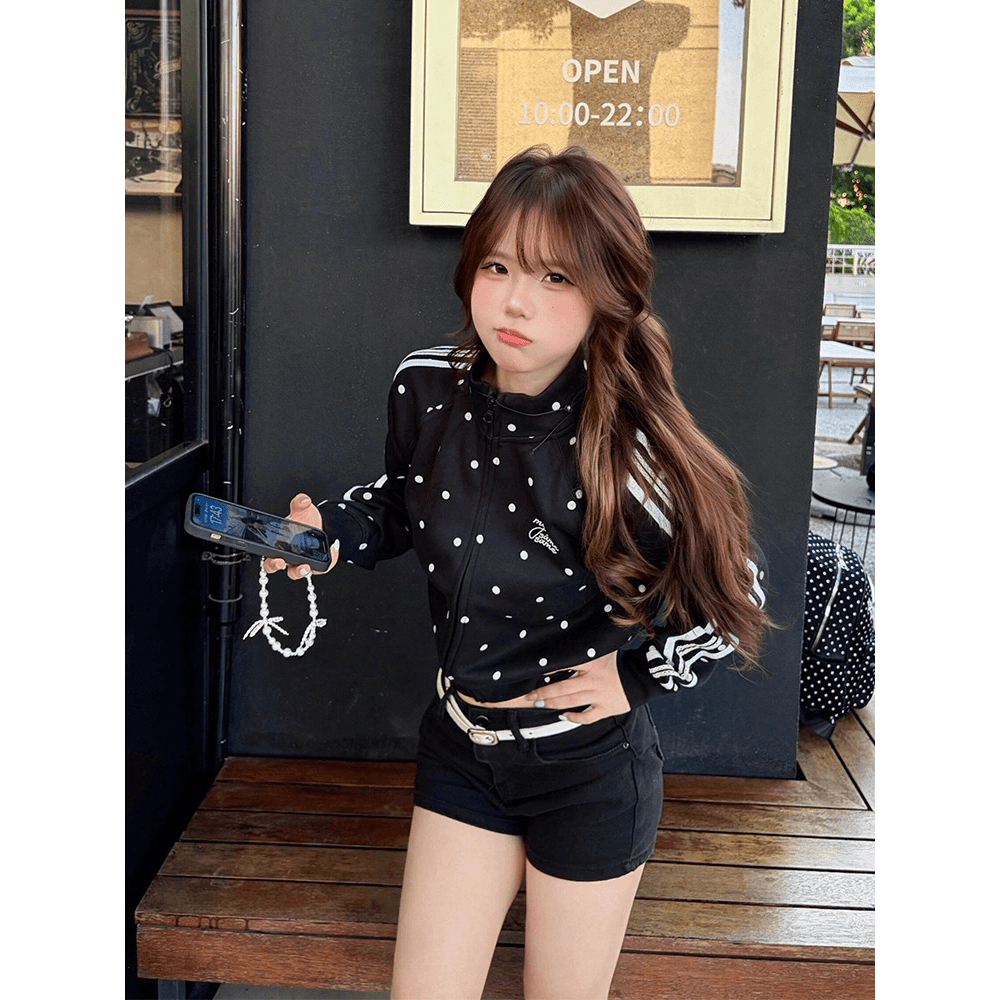 후아 면 복합 2026 이른 가을 오픈 가디건 맨위 아메리칸 레트로 도트 무늬 스탠드 칼라 후드티 이미지 5