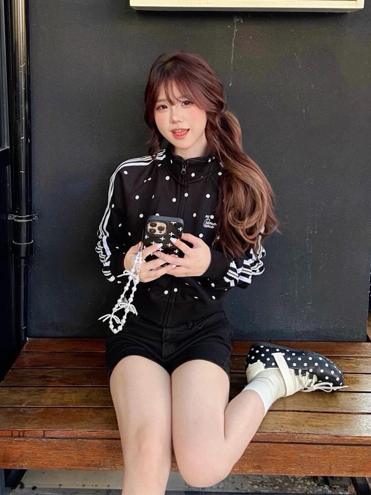 후아 면 복합 2026 이른 가을 오픈 가디건 맨위 아메리칸 레트로 도트 무늬 스탠드 칼라 후드티 상세 이미지 4