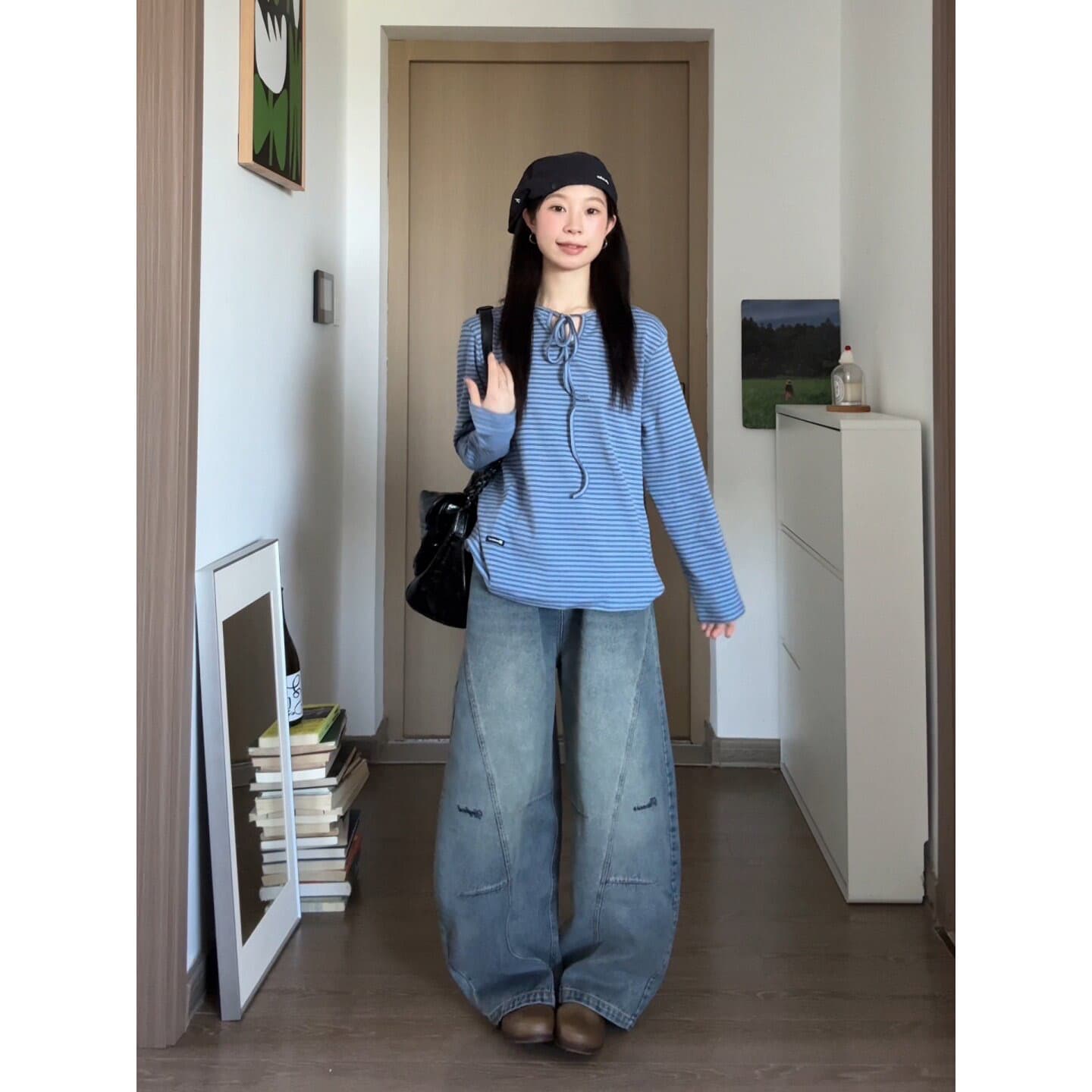 230 크 슈 따뜻한 면 긴팔 티셔츠 캐주얼 루즈핏 블루 체크무늬 레이스업 펌프 로프 네클라인 이미지 4