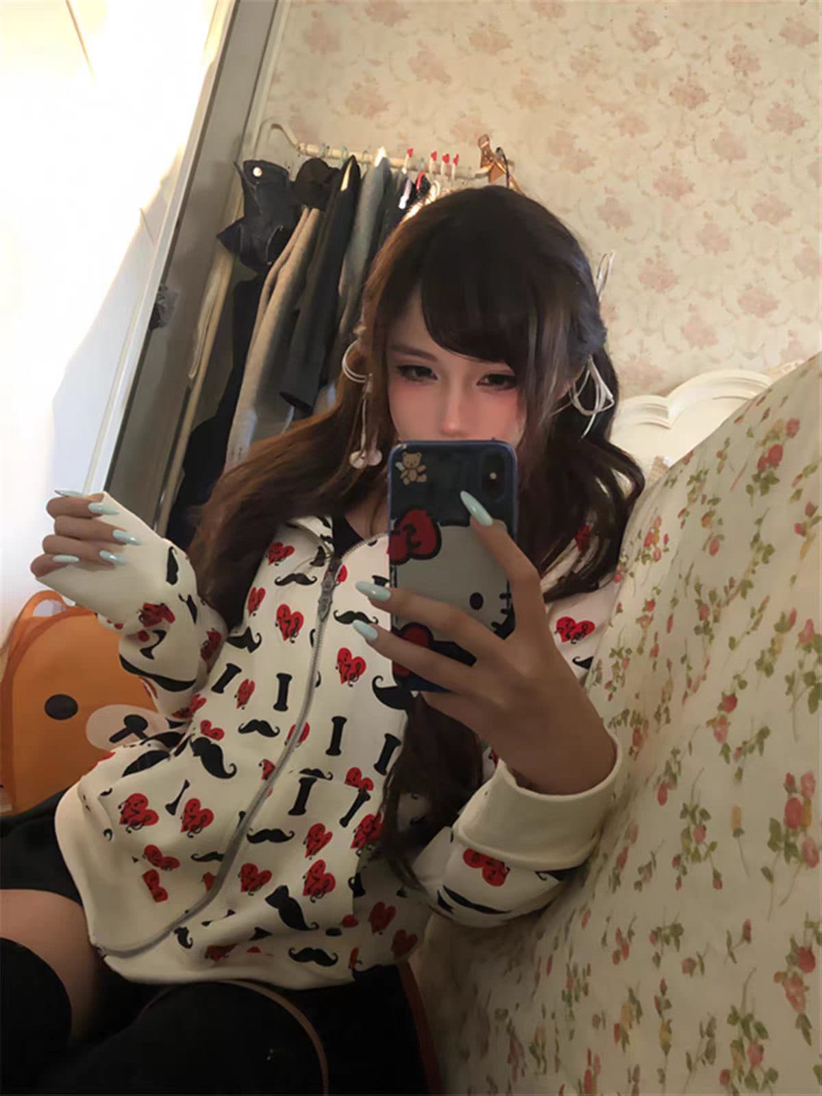 얇은 스타일 프린트 인사이드 펌프 후아 면 복합 지퍼 재킷 후드티 남녀 상세 이미지 2