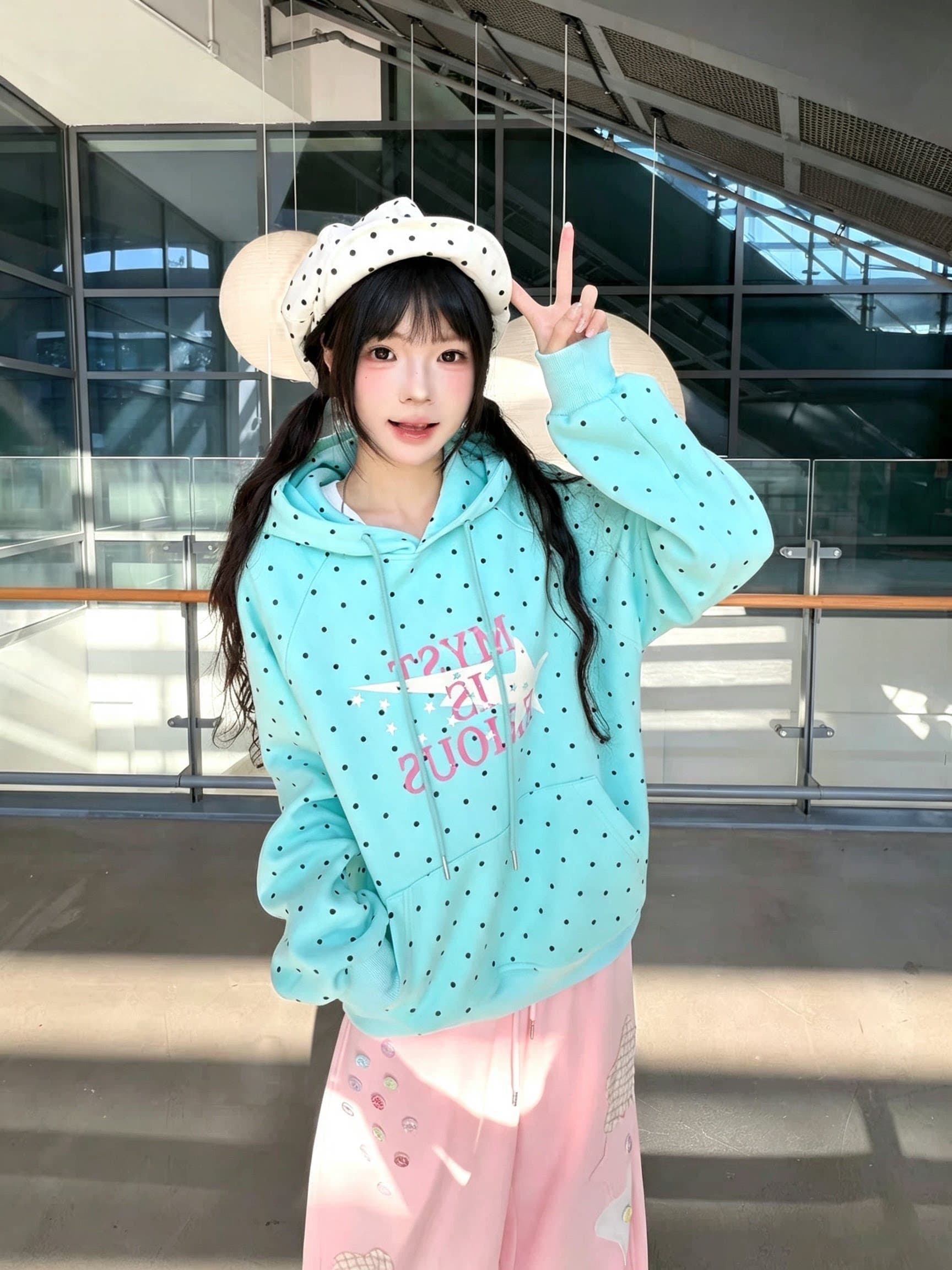 320 그램 순수한 Mianhua 면 복합 헝겊 느낌 프린트 천 도트 무늬 후드티 상세 이미지 3