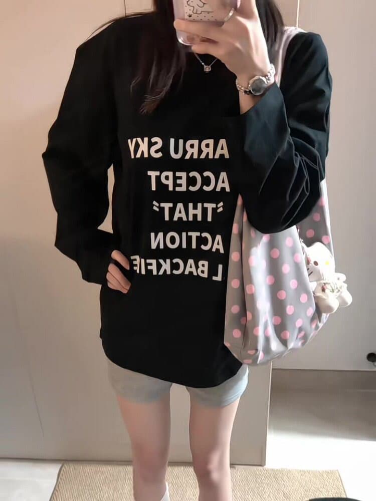높은 품질 순면 200그램 21 빗질하다 정밀 프린트 가을 루즈핏 긴팔 티셔츠 여성 이미지 4