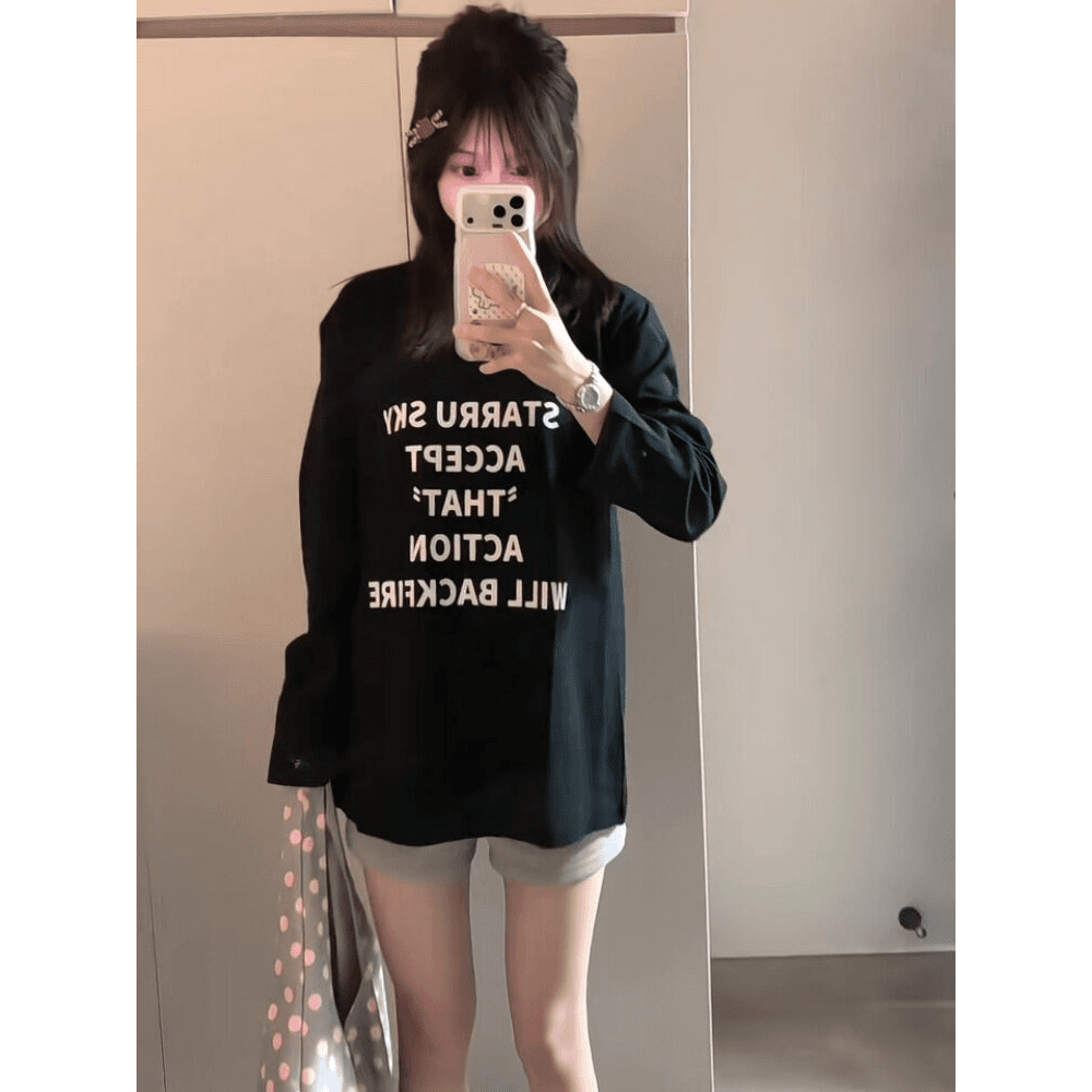 높은 품질 순면 200그램 21 빗질하다 정밀 프린트 가을 루즈핏 긴팔 티셔츠 여성 이미지 5