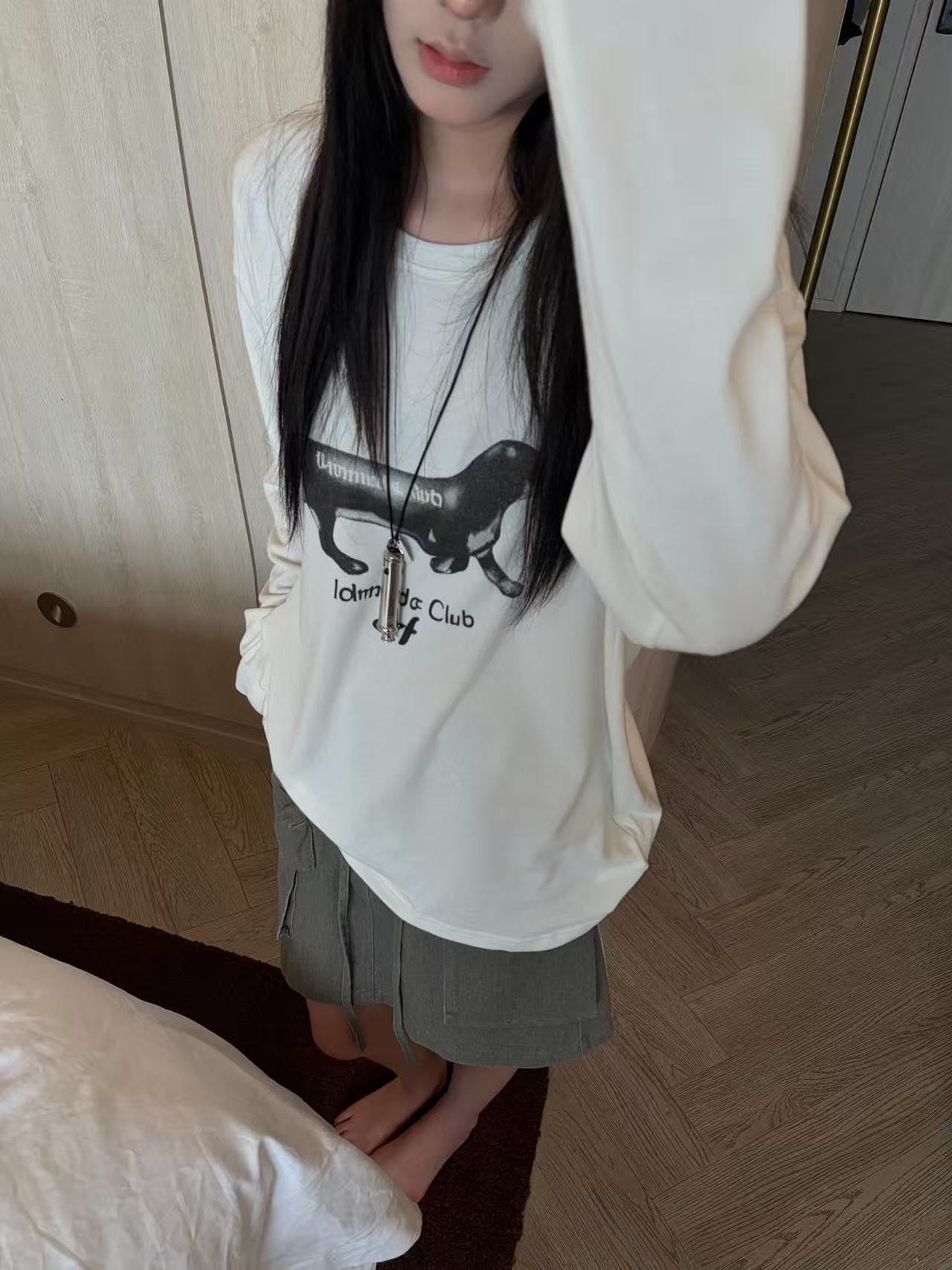높은 품질 순면 200그램 21 빗질하다 정밀 프린트 가을 루즈핏 긴팔 티셔츠 여성 상세 이미지 4