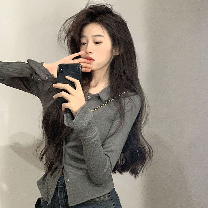 핫걸 긍정적 인 어깨 긴팔 티셔츠 여성 봄 가을 디자인 센스 몸매 가꾸기 기본 셔츠 나팔 소매 맨위 이미지 5