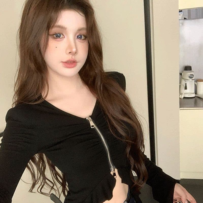 순수한 욕망 더블 지퍼 주름 긴팔 티셔츠 여성 봄 가을 새로운 몸매 가꾸기 슬림해 보이는 맨위 상세 이미지 4