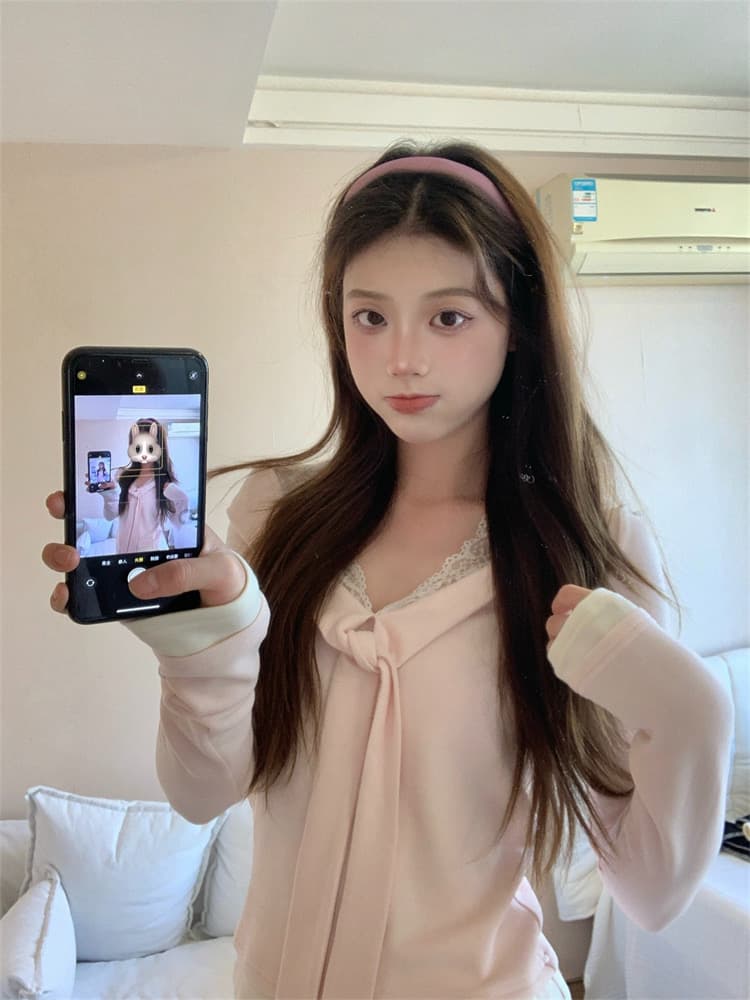 1 1 차가운 실크 코튼 210 그램 달콤함 핑크색 작은 대중 레이스 레이스 패치워크 V넥 긴팔 소녀 맨위