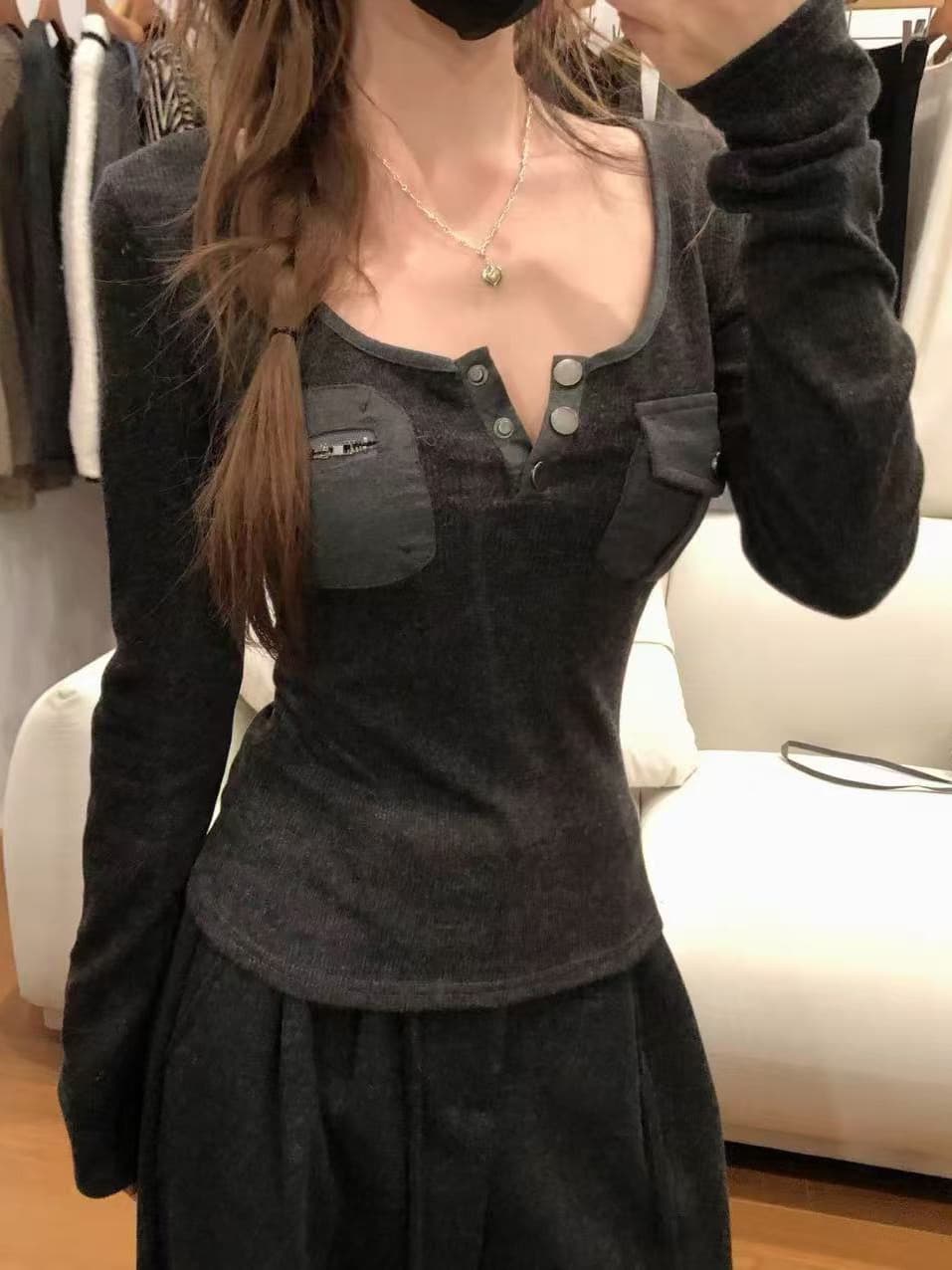 원본 원단 순수한 욕망 바람 Chic 주머니 V넥 긴팔 티셔츠 여성 가을 겨울 인사이드 가져 가라. 기본 셔츠 몸매 가꾸기 맨위 상세 이미지 2
