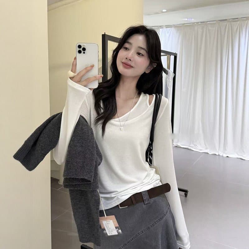 220 그램 양모 40 접착제 27 면 27 아크릴 6 암모니아 Lun 페이크 레이어드 긴팔 티셔츠 여성 봄