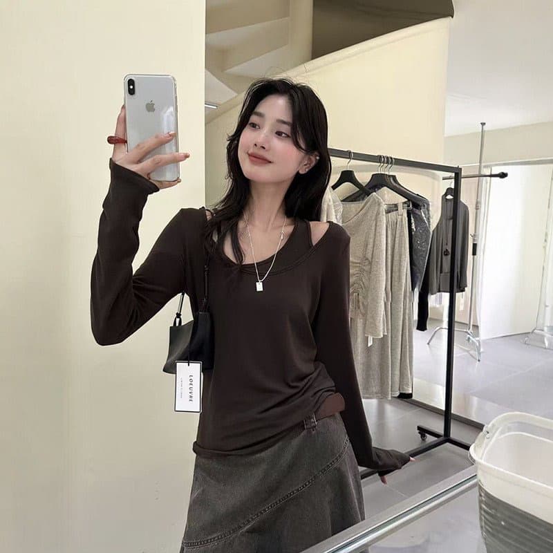 220 그램 양모 40 접착제 27 면 27 아크릴 6 암모니아 Lun 페이크 레이어드 긴팔 티셔츠 여성 봄 이미지 2