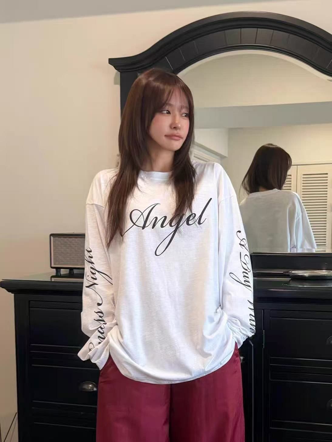 봄 가을 새로운 빗질하다 닫기 순면 이후 패키지 칼라 긴팔 라운드 넥 프린트 티셔츠 이미지 2