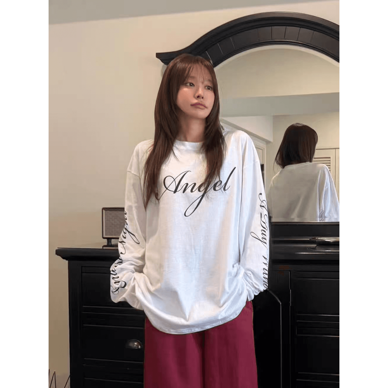 봄 가을 새로운 빗질하다 닫기 순면 이후 패키지 칼라 긴팔 라운드 넥 프린트 티셔츠 이미지 5