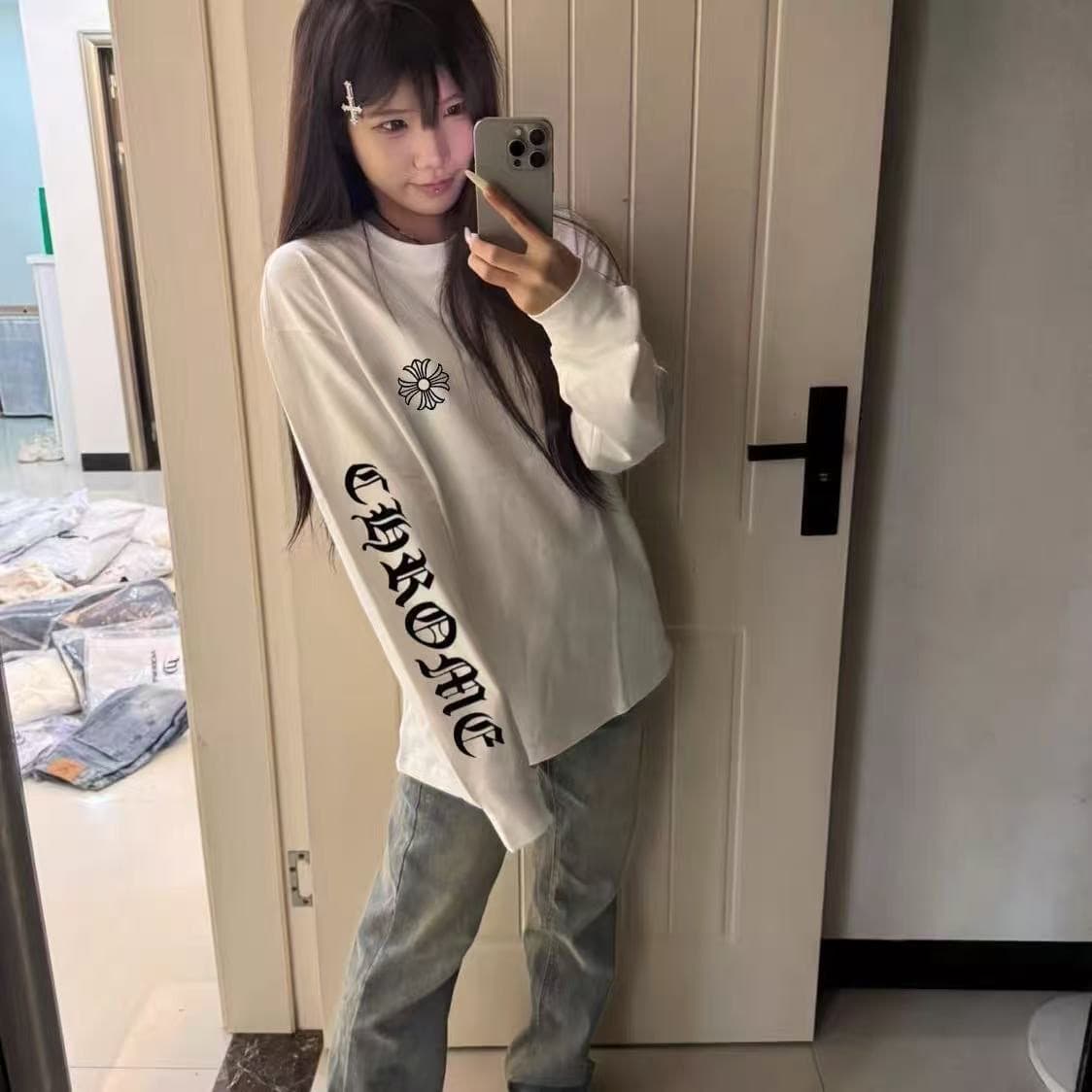봄 가을 새로운 빗질하다 닫기 순면 이후 패키지 칼라 긴팔 라운드 넥 프린트 티셔츠