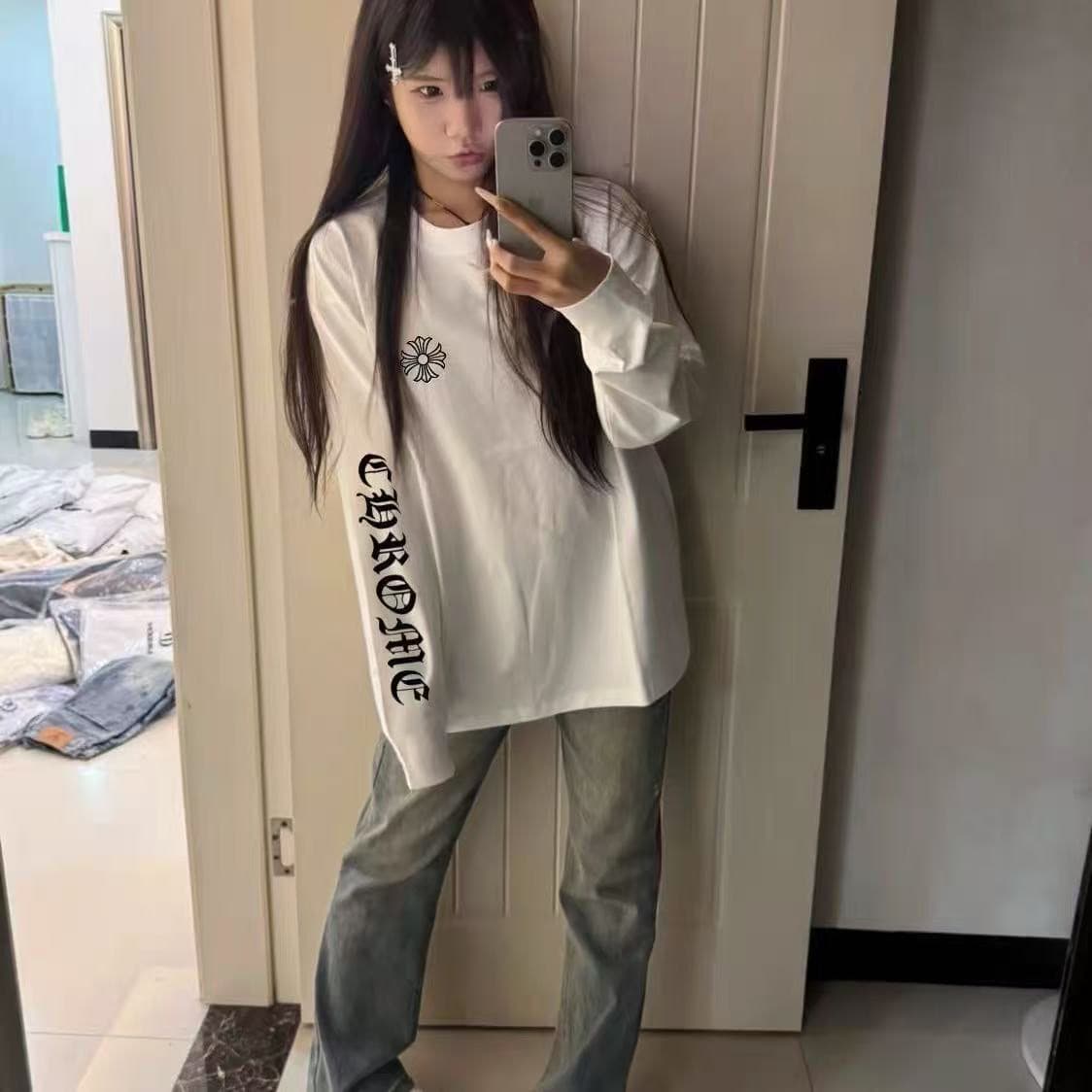 봄 가을 새로운 빗질하다 닫기 순면 이후 패키지 칼라 긴팔 라운드 넥 프린트 티셔츠 이미지 3