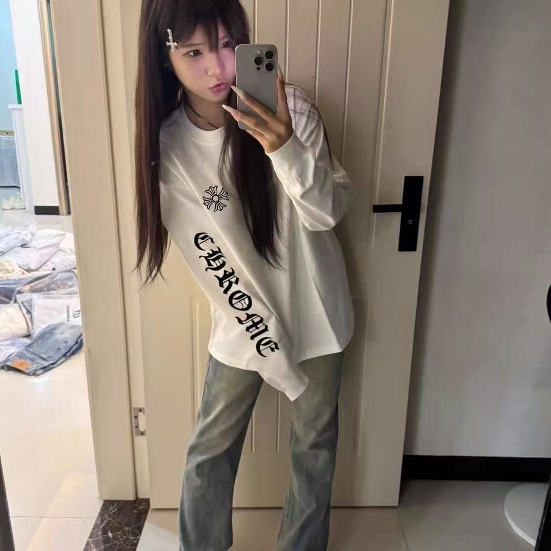 봄 가을 새로운 빗질하다 닫기 순면 이후 패키지 칼라 긴팔 라운드 넥 프린트 티셔츠 상세 이미지 4