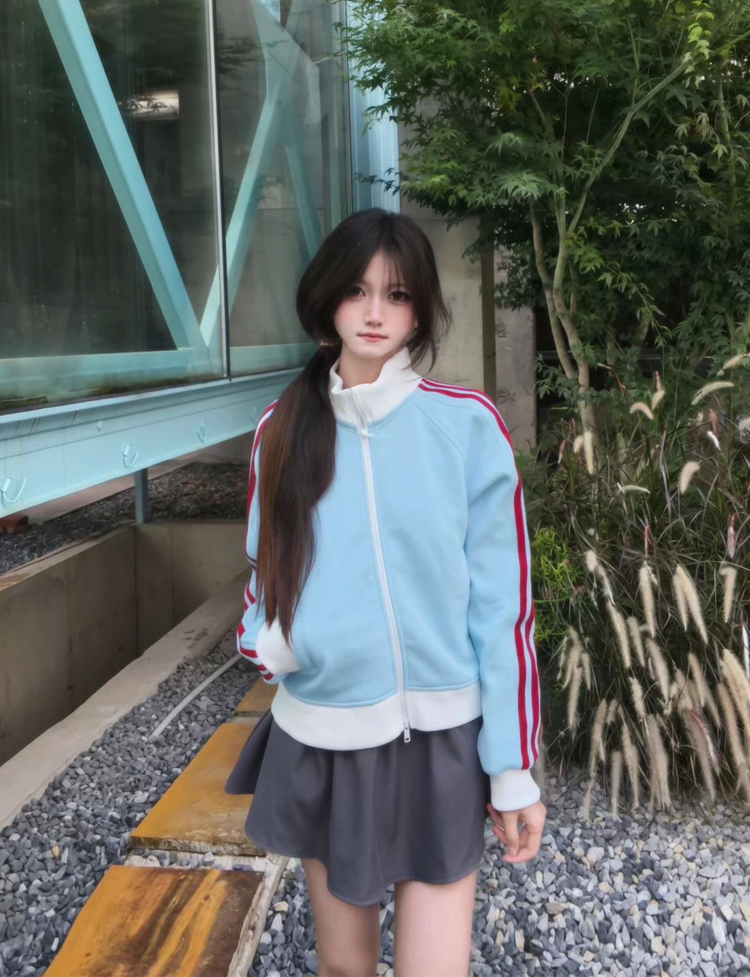 얇은 스타일 쇼트 스타일 원본 것 맞춤 달팽이 구두 광저우 후아 남편 그리드 복합 스탠드 칼라 지퍼 후드티 상세 이미지 2
