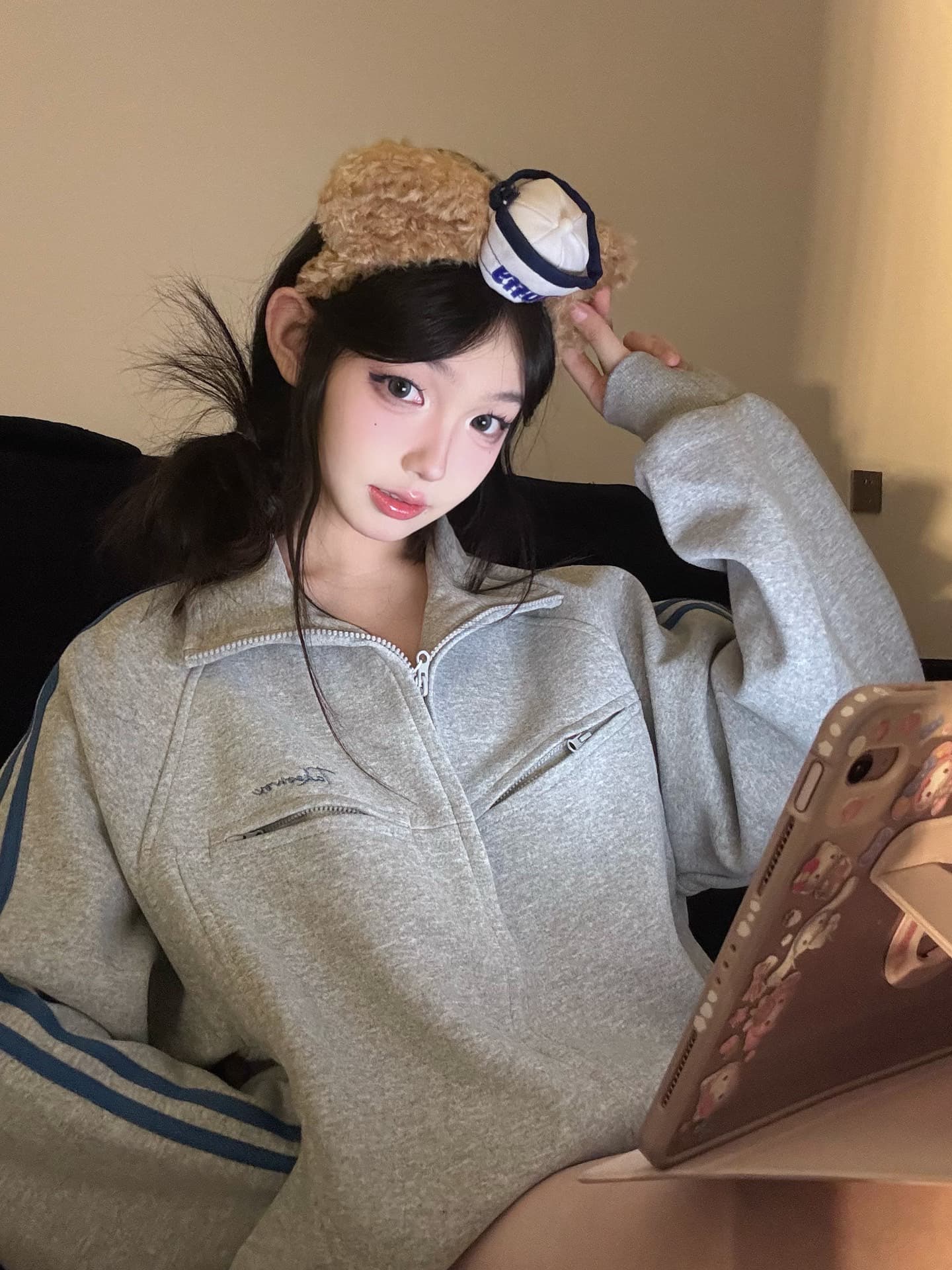 얇은 스타일 털이 있는 원본 솜씨 압력 라인 자수 순수한 Mianhua 면 복합 후드티 재킷 상세 이미지 1