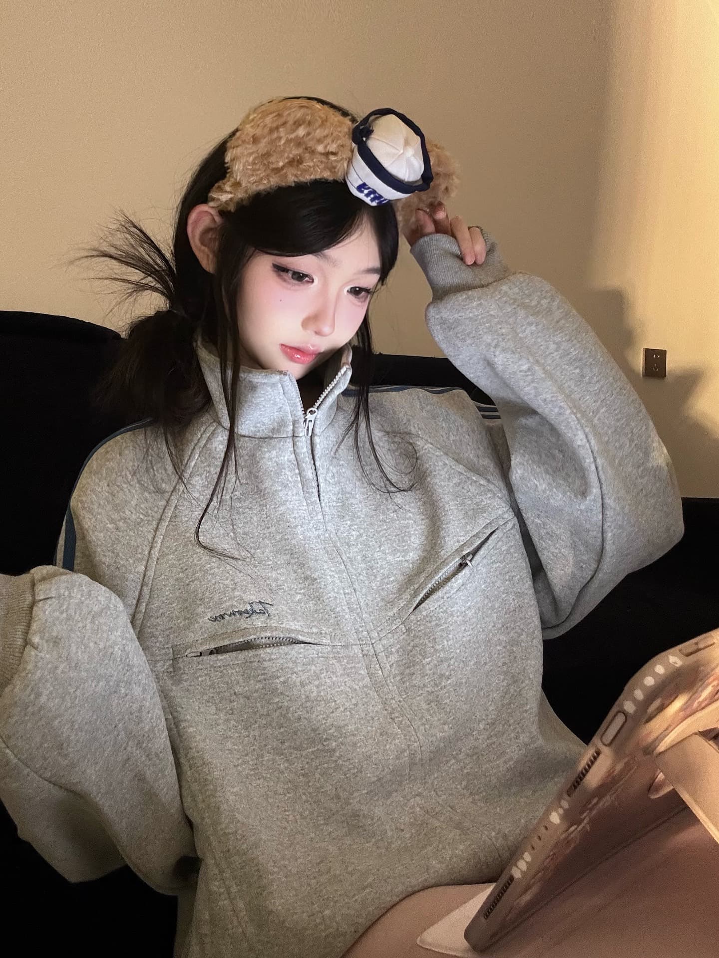 얇은 스타일 털이 있는 원본 솜씨 압력 라인 자수 순수한 Mianhua 면 복합 후드티 재킷 상세 이미지 2