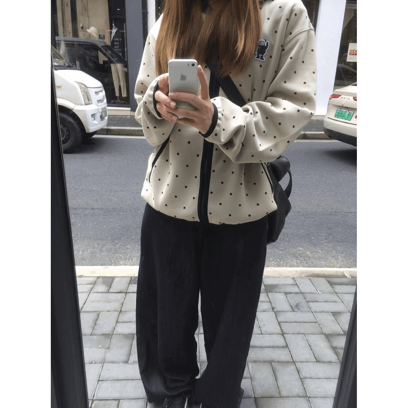 한 부서 레트로 도트 무늬 전체 인쇄 후드 오픈 가디건 후드티 여성 봄 가을 배색 검은 색 테두리 자수 캐주얼 느긋한 바람 재킷 이미지 5