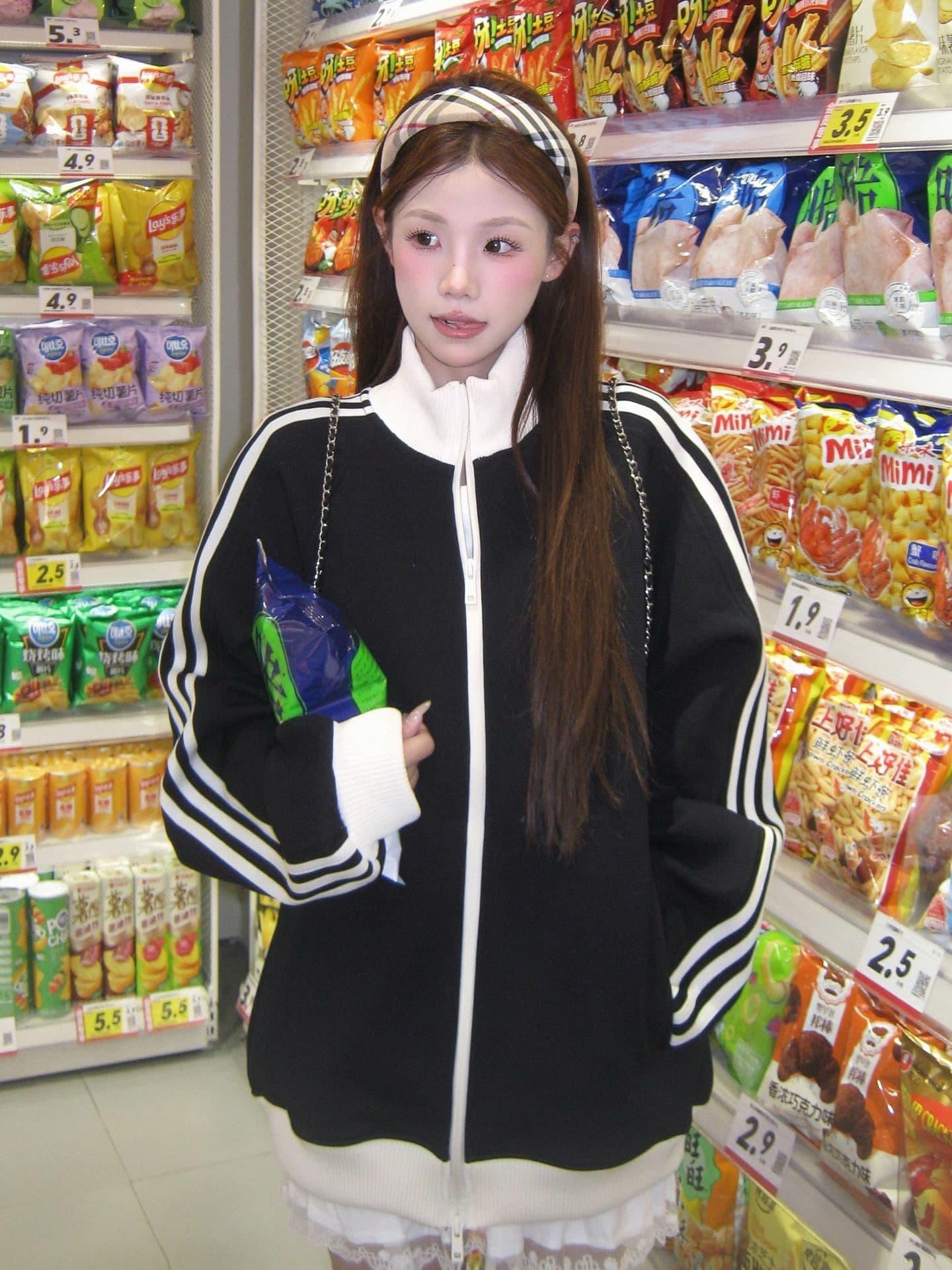 얇은 스타일 루즈핏 에디션 원본 것 맞춤 달팽이 구두 광저우 후아 남편 그리드 복합 스탠드 칼라 지퍼 후드티 상세 이미지 1
