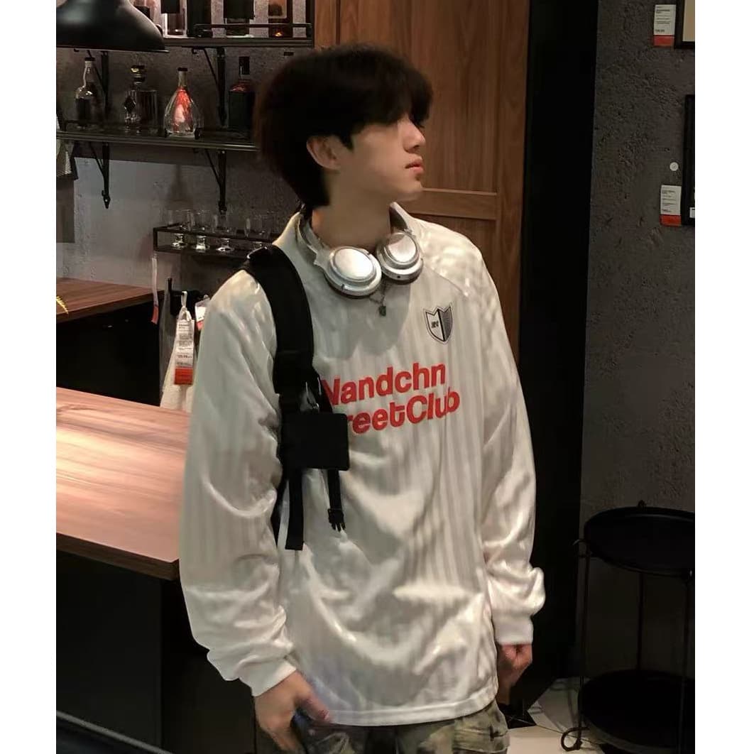 원본 운동 원단 원본 솜씨 아메리칸 스트라이프 알파벳 프린트 얼음 센스 저지 긴팔 티셔츠 이미지 5