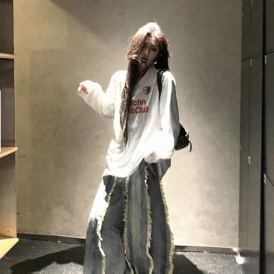 원본 운동 원단 원본 솜씨 아메리칸 스트라이프 알파벳 프린트 얼음 센스 저지 긴팔 티셔츠 상세 이미지 2