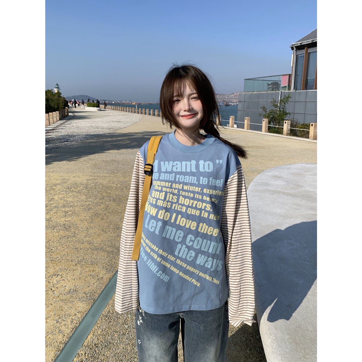 220 그램 21 슈퍼 쿨 면 긴팔 티셔츠 캐주얼 루즈핏 라운드 넥 패치워크 이미지 2
