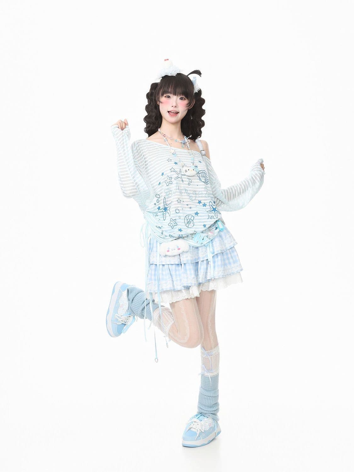 경관 그림 원본 원단 조개 돌고래 별 프린트 블라우스 긴팔 티셔츠 여성 자외선 차단 맨위 이미지 4