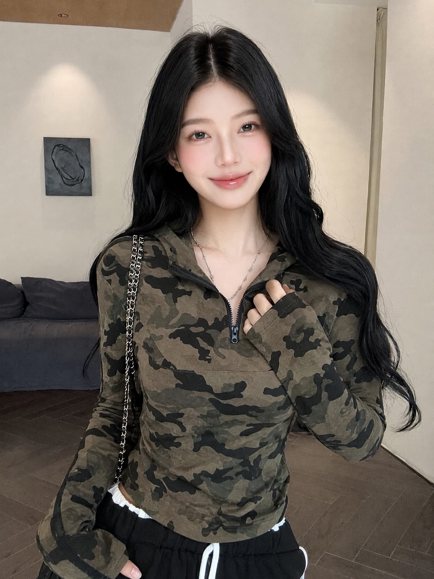 카모플라주 홀치기 염색 긴팔 티셔츠 여성 이른 가을 한국 스타일 후드 몸매 가꾸기 쇼트 스타일 핫걸 맨위 여성 이미지 3