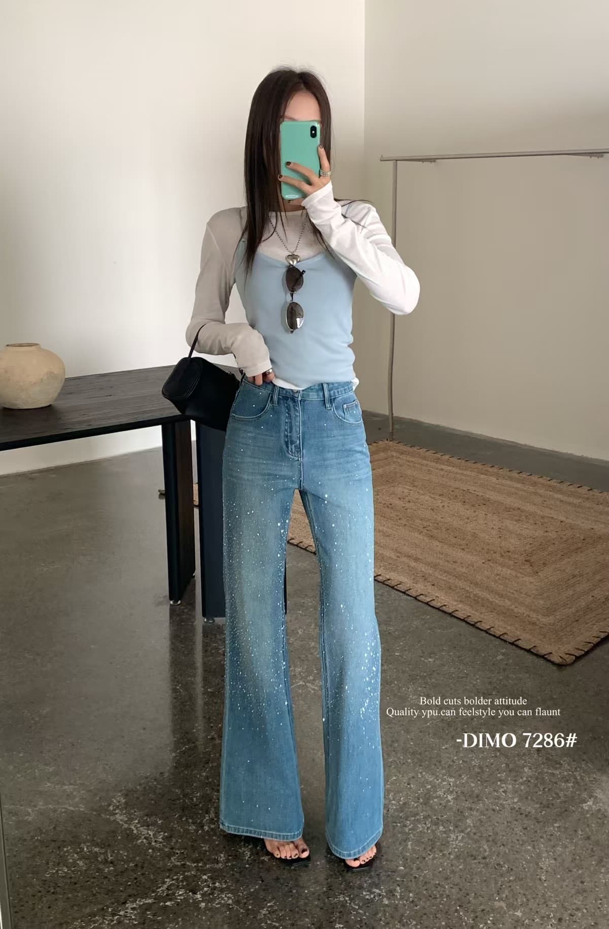 dimo7286 사면 신축 프랑스식 무거운 작업 핫픽스 부츠컷 바지 여성 2026 봄 레트로 별빛 수퍼 모델 청바지 상세 이미지 2