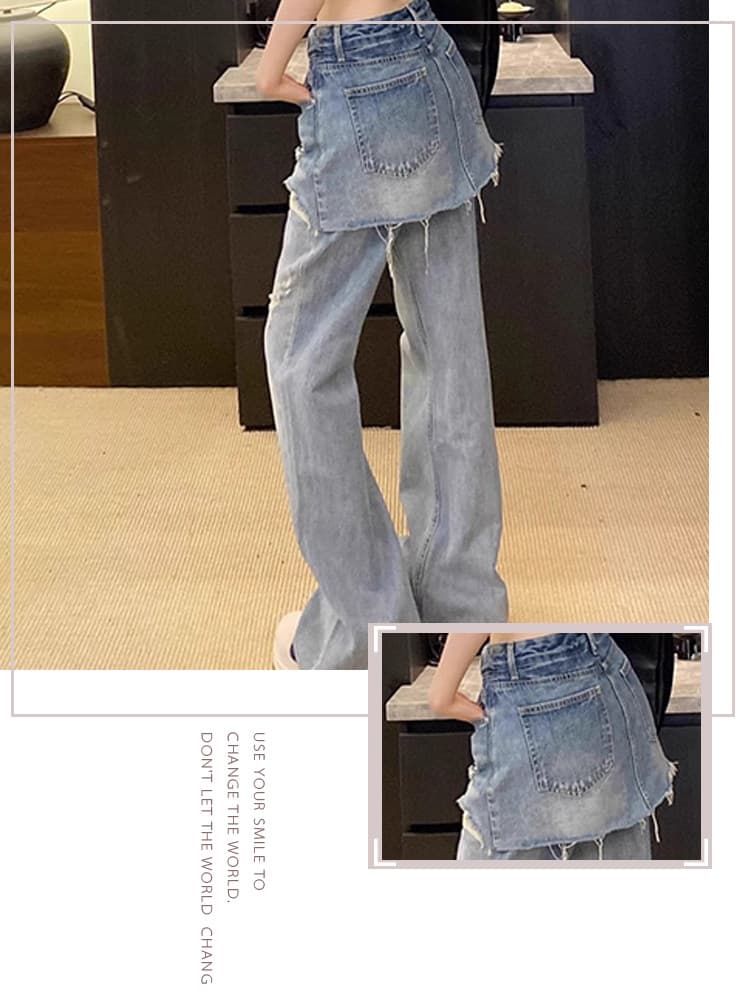 유럽 역 2025 이른 가을 새로운 디자이너 섹션 작은 대중 달콤한 차가운 매운맛 찢어진 찢어진 부분 랩스커트팬츠 넓은 다리 청바지 상세 이미지 3