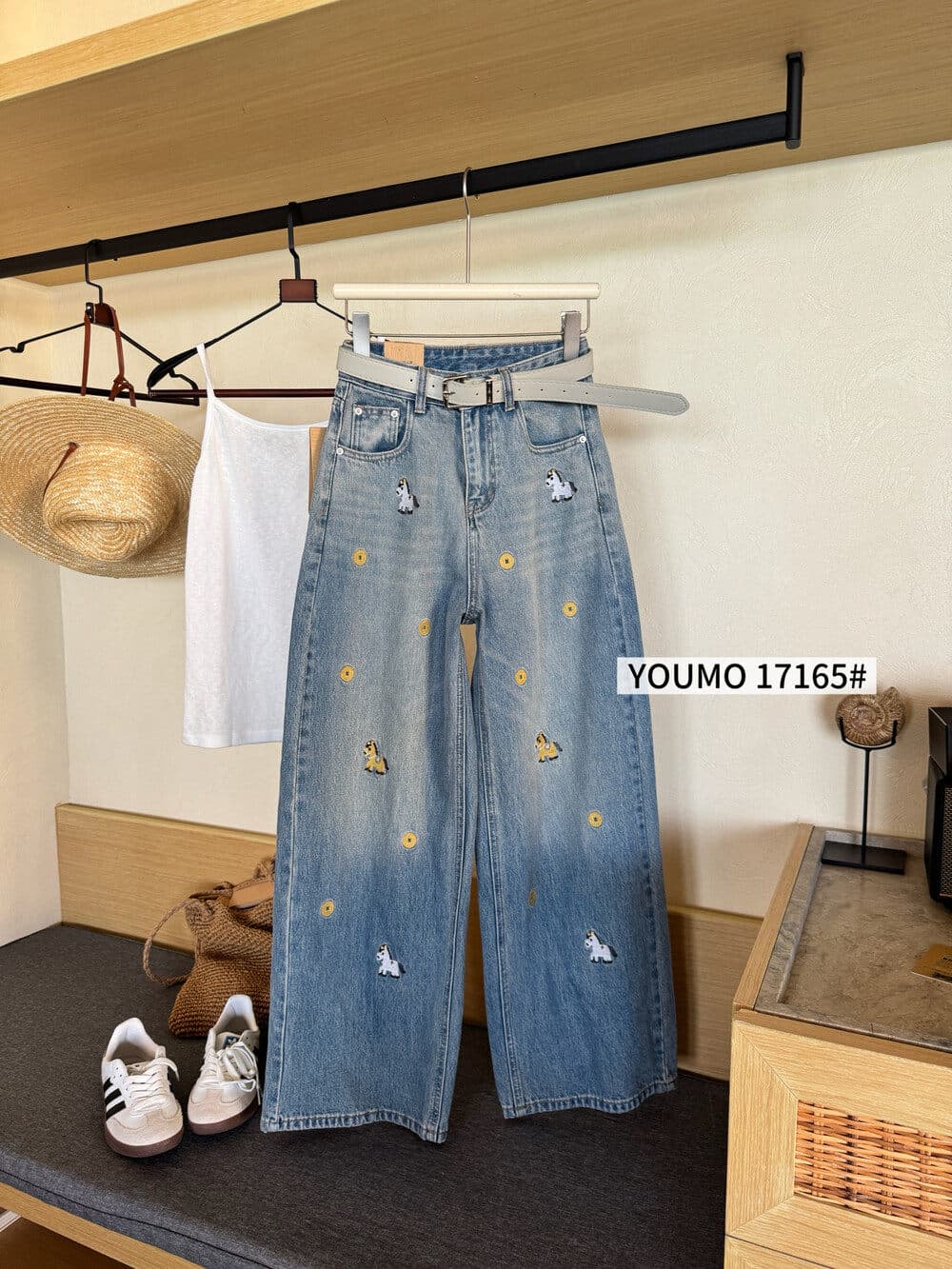 素心 블루 youmo 봄 드레스 한 스타일 색상 작은 말 자수 레트로 스타일 하이웨이스트 넓은 다리 다용도 청바지 여성 상세 이미지 13