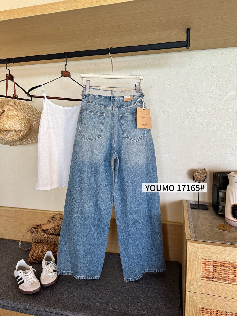 素心 블루 youmo 봄 드레스 한 스타일 색상 작은 말 자수 레트로 스타일 하이웨이스트 넓은 다리 다용도 청바지 여성 상세 이미지 15