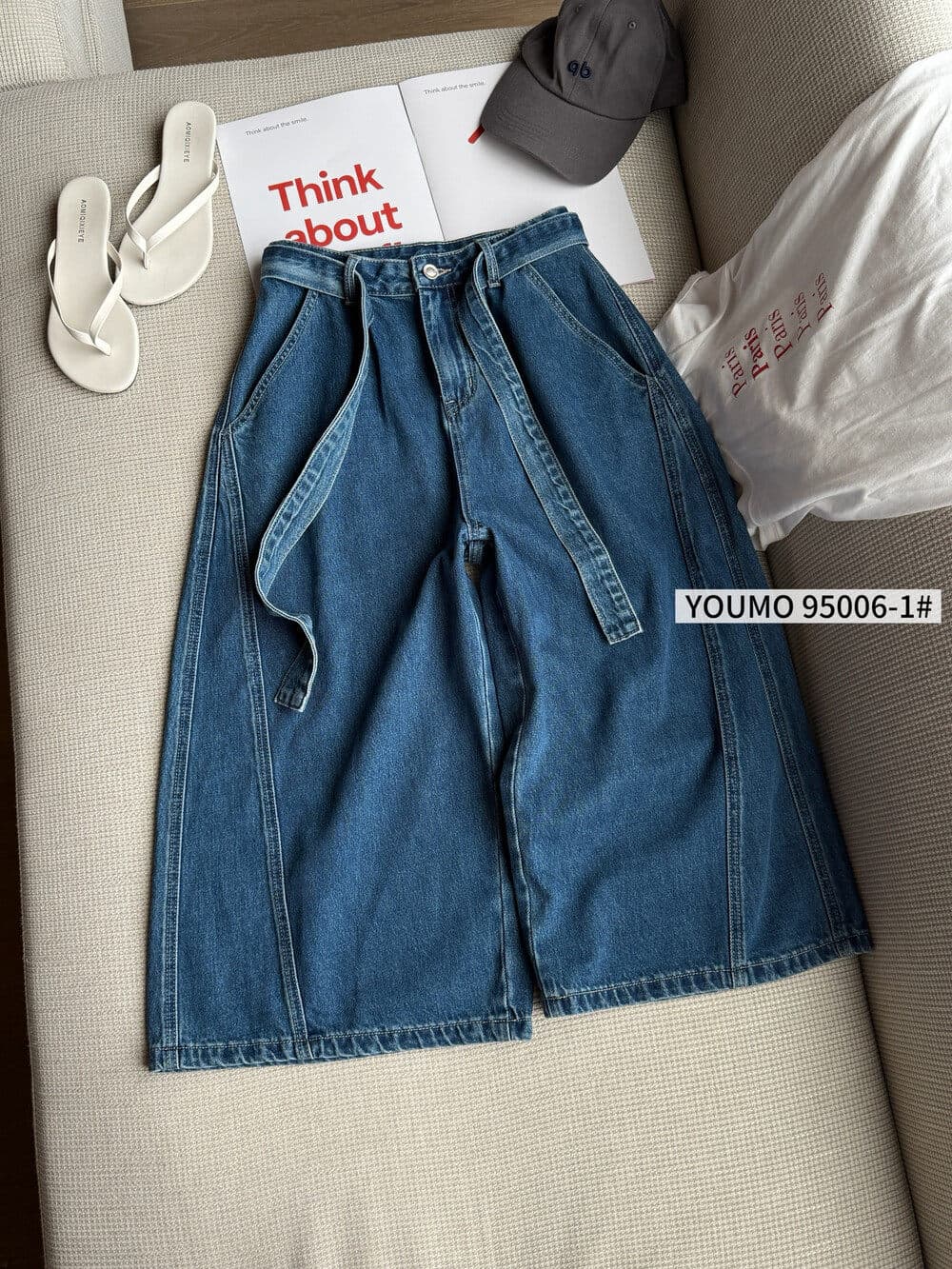 素心 블루 youmo 일본식 레트로 워싱 데님 7부 바지 미니멀리즘 와 성별 벨트 포함 95006-1 여성 상세 이미지 6