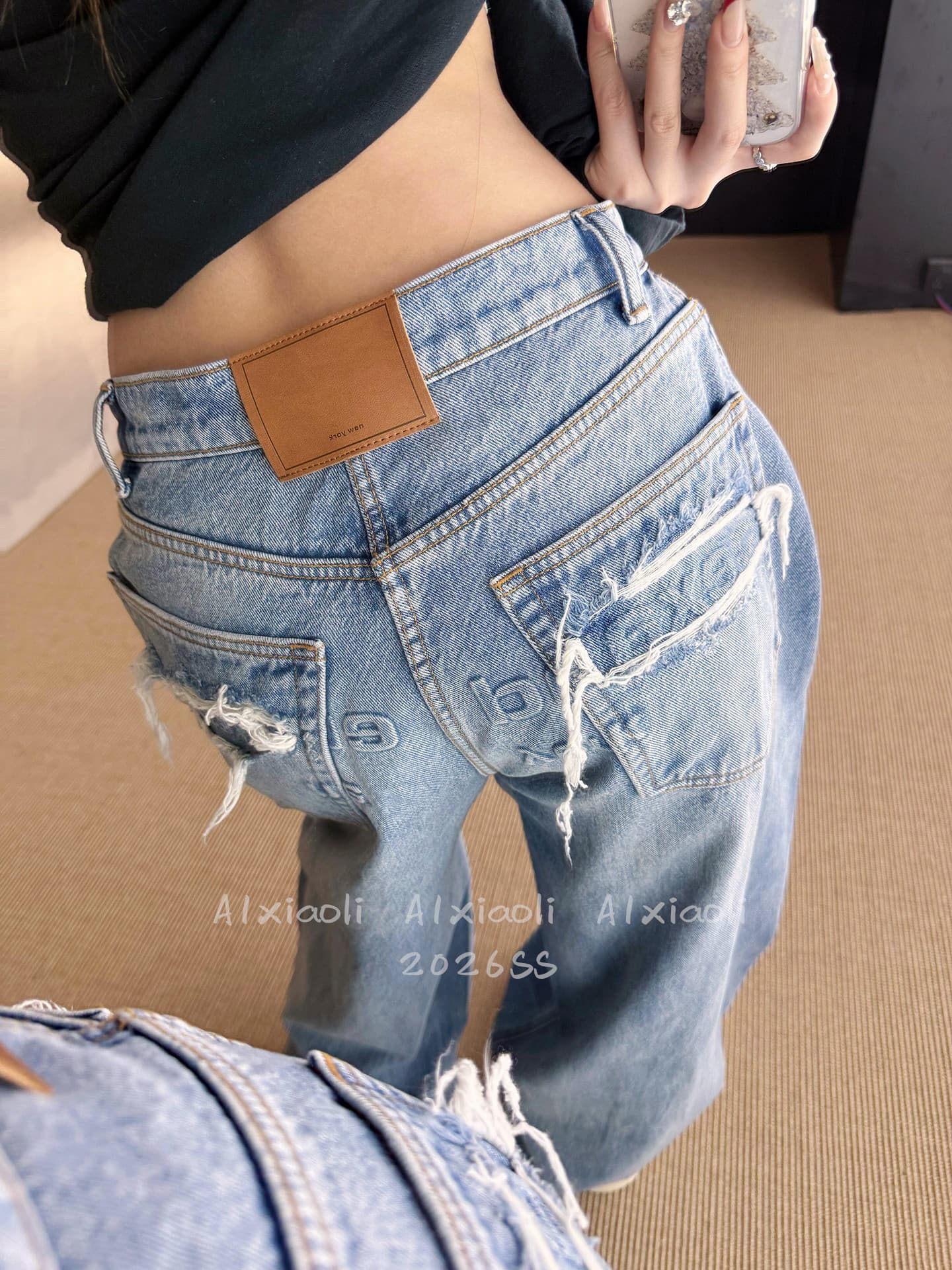 a1 남쪽 기름 높음 세트 수정 에디션 y 워시 물 마 오래된 너덜 너덜 한 주머니 알파벳 엠보싱 넓은 다리 데님 긴 바지 반바지 여성 이미지 3