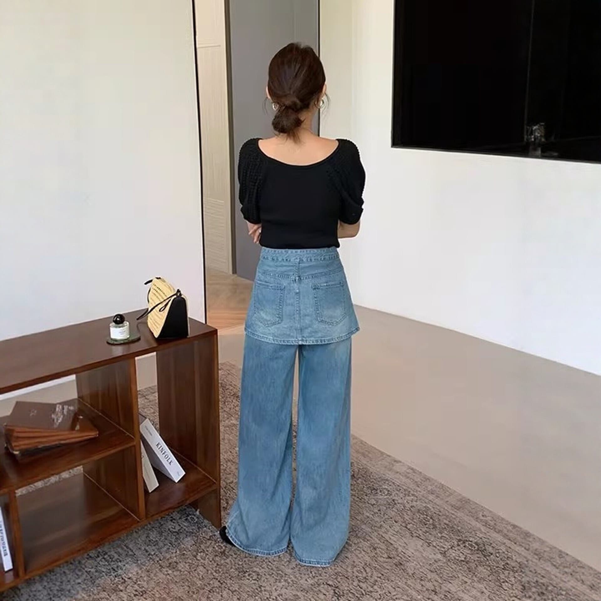 탈착식 사실 두 조각 랩스커트팬츠 넓은 다리 청바지 여성 봄 여름 한국 스타일 레트로 하이웨이스트 루즈핏 다용도 스트레이트 긴 바지 이미지 5