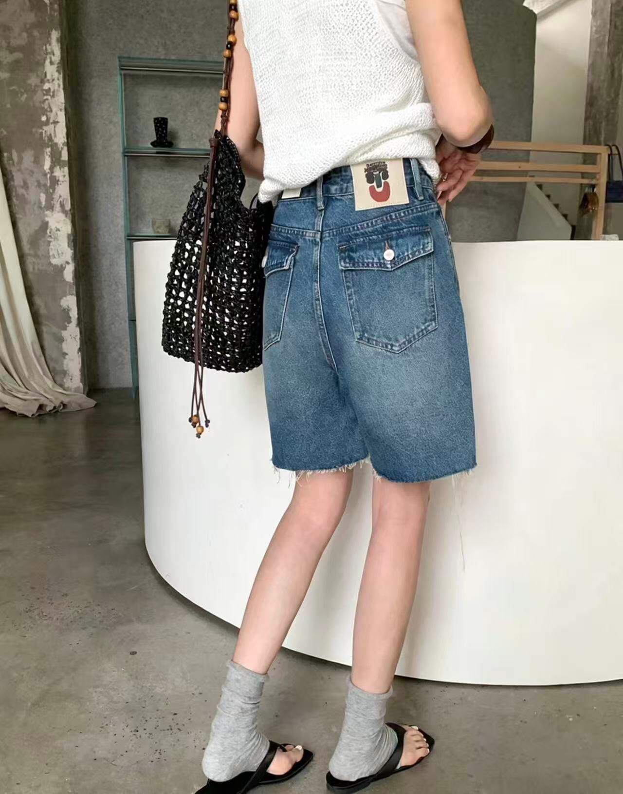 시징 데님 반바지 여성 여름 바지 레트로 블루 얇은 스타일 아메리칸 하이웨이스트 거친 가장자리 5 점 와이드 레그 팬츠 8097 이미지 4