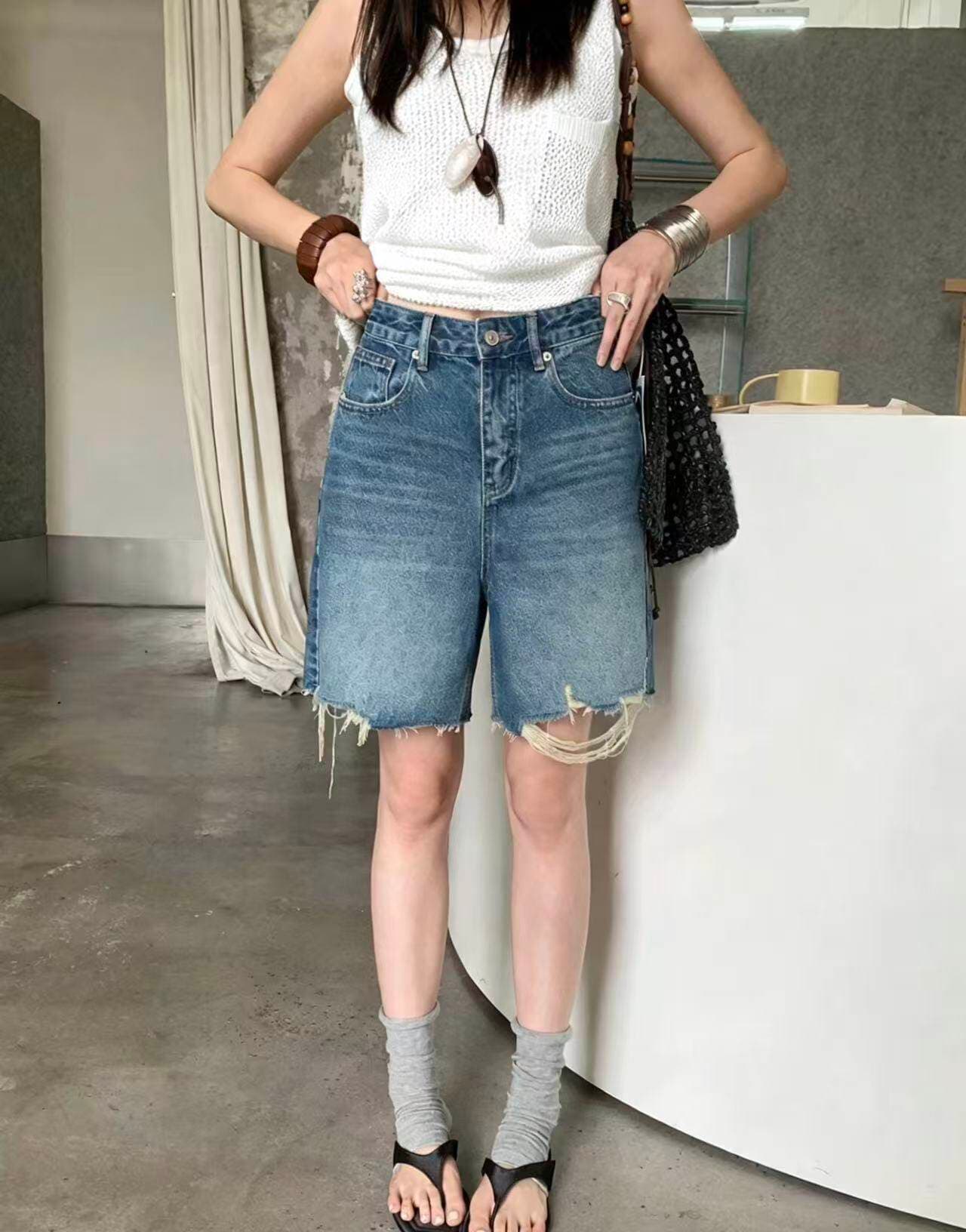 시징 데님 반바지 여성 여름 바지 레트로 블루 얇은 스타일 아메리칸 하이웨이스트 거친 가장자리 5 점 와이드 레그 팬츠 8097 상세 이미지 1