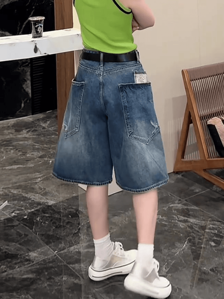 여름 얇은 스타일 여성 의류 찢어진 부분 마 오래된 트렌디 바람 반바지 표지 고기 슬림해 보이는 하이웨이스트 5 점 넓은 다리 청바지 이미지 4