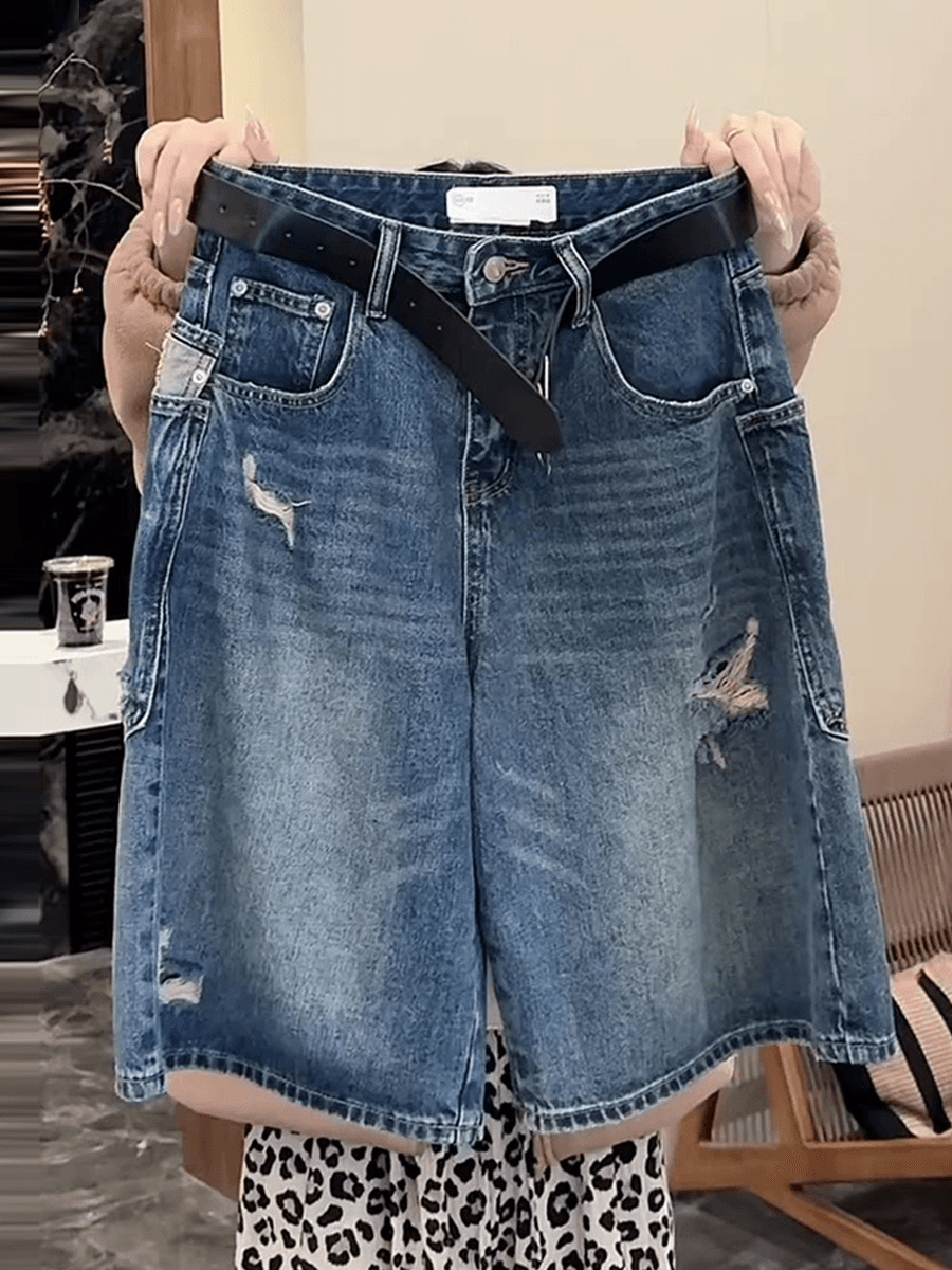 여름 얇은 스타일 여성 의류 찢어진 부분 마 오래된 트렌디 바람 반바지 표지 고기 슬림해 보이는 하이웨이스트 5 점 넓은 다리 청바지 상세 이미지 1